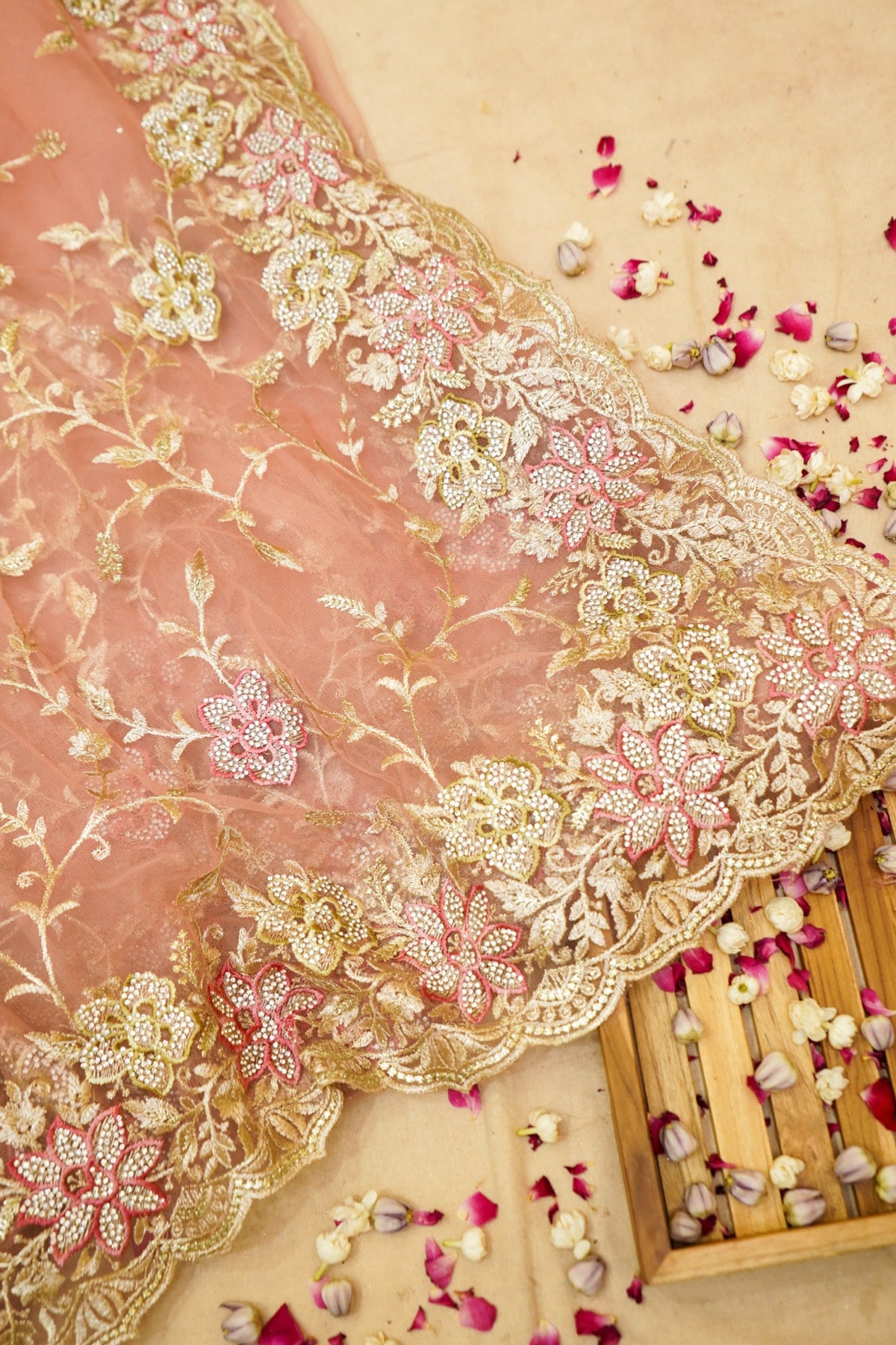 Blush Peach Pearl Floral Embroidered Designer Net Saree
