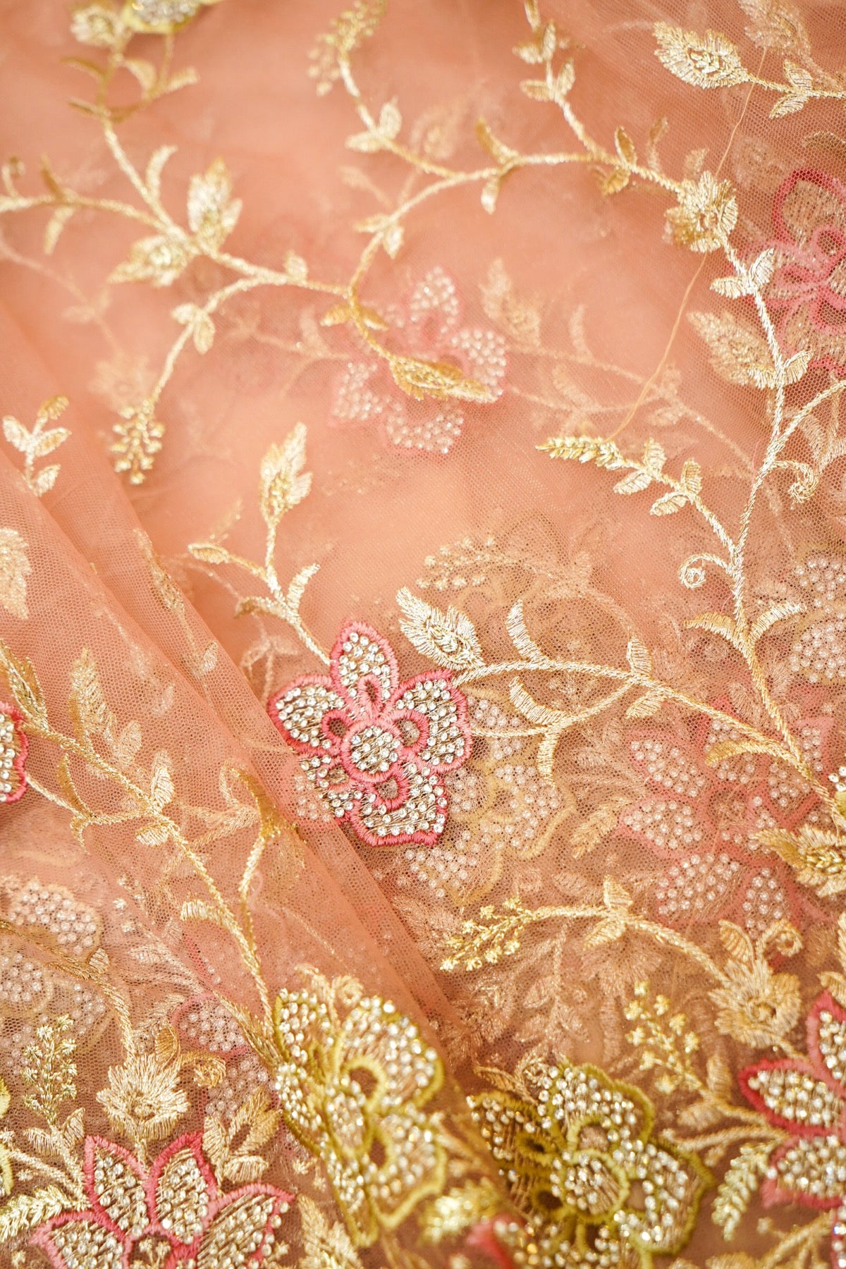 Blush Peach Pearl Floral Embroidered Designer Net Saree