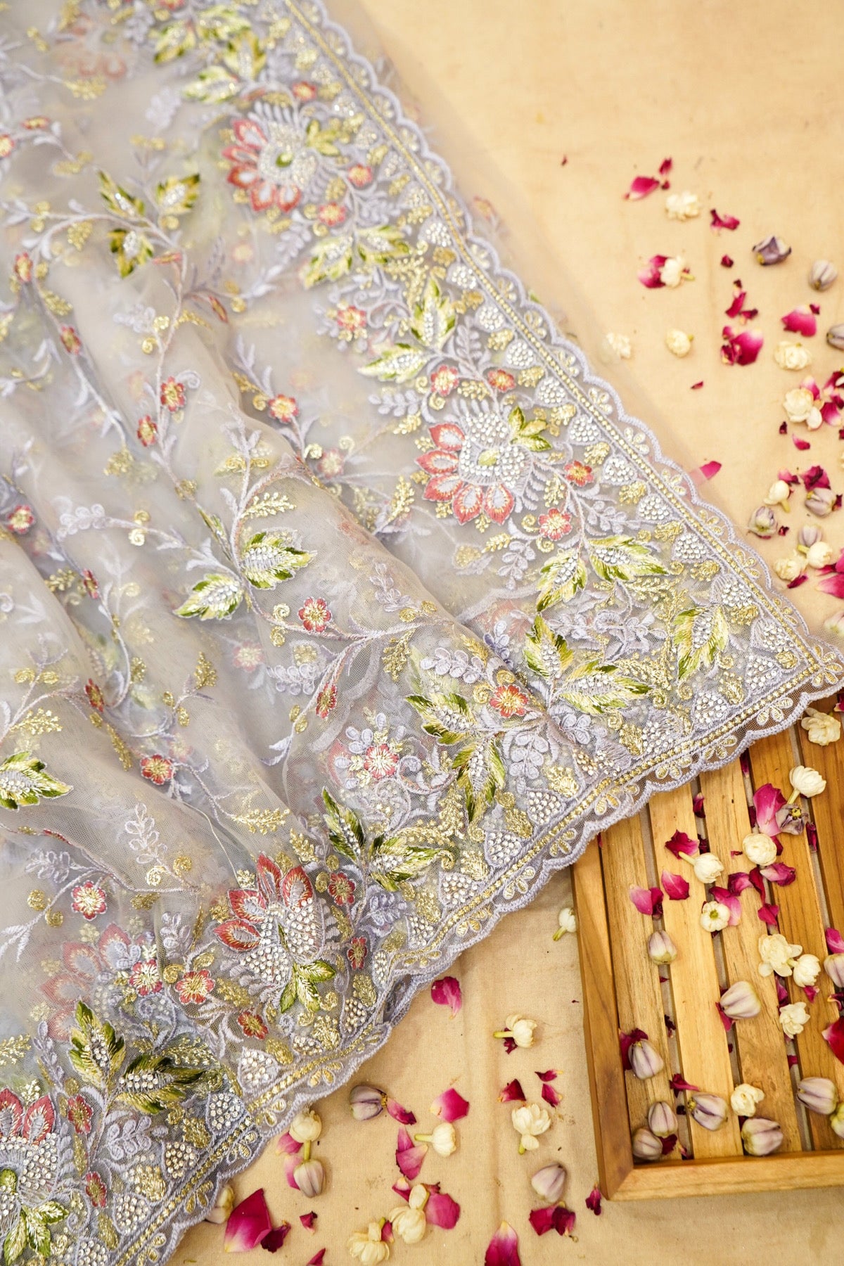 Silver Grey Wildflower Garden Embroidered Net Saree