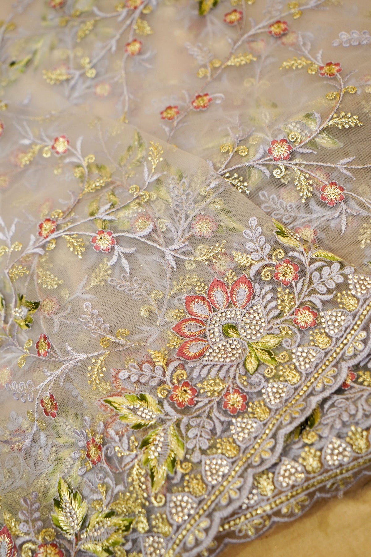 Silver Grey Wildflower Garden Embroidered Net Saree