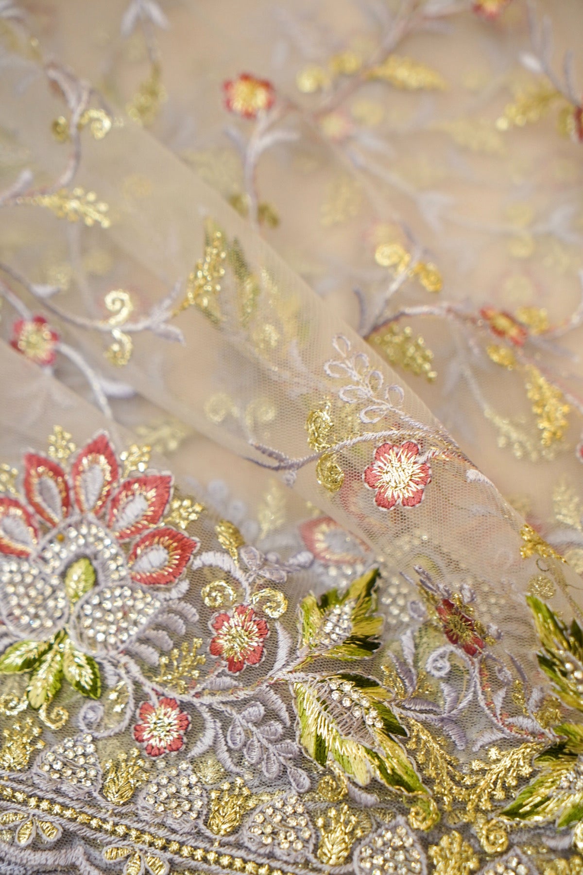 Silver Grey Wildflower Garden Embroidered Net Saree