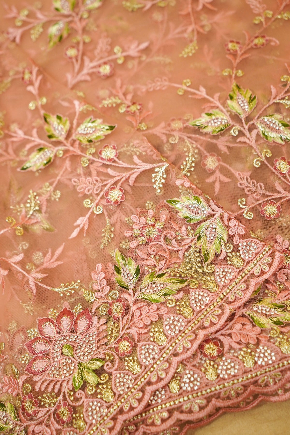 Peach Pink Wildflower Garden Embroidered Net Saree