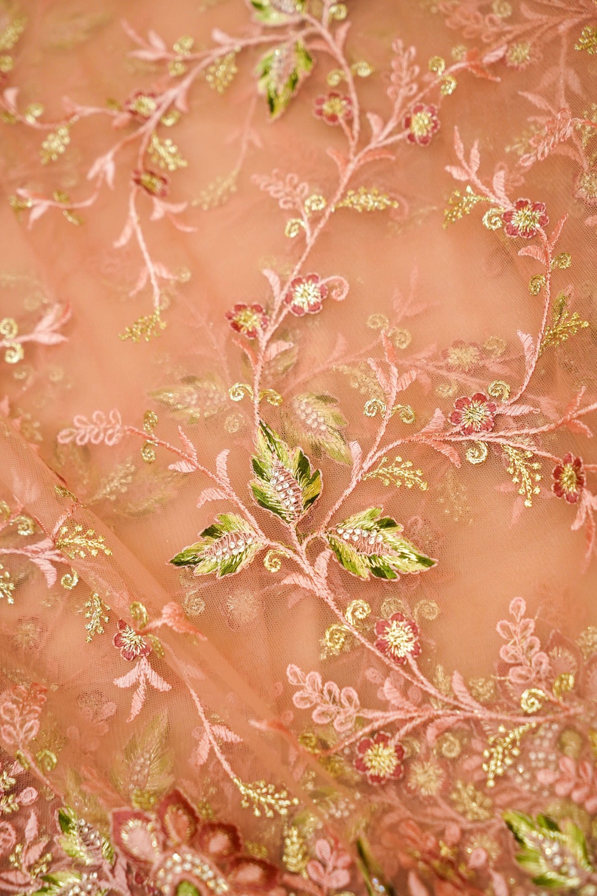 Peach Pink Wildflower Garden Embroidered Net Saree