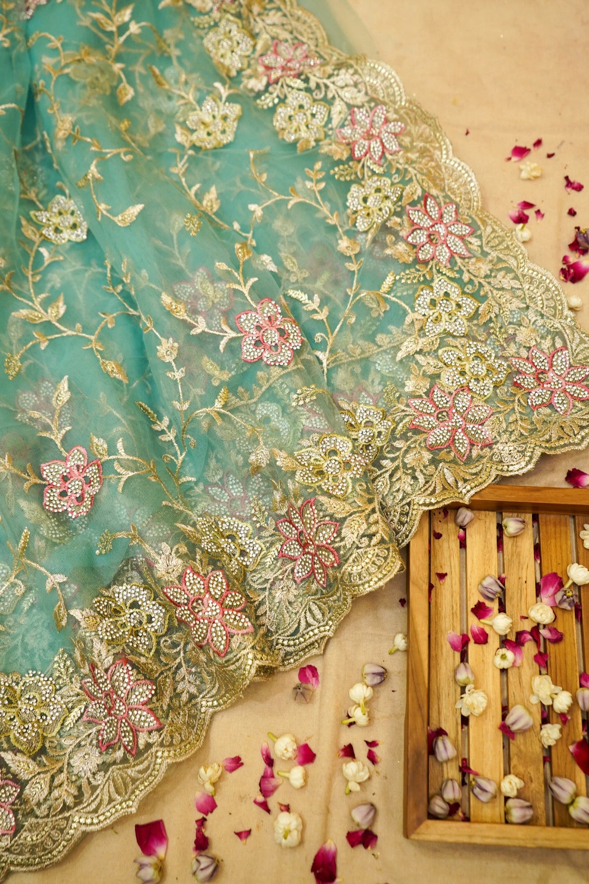 Aqua Blue Pearl Floral Embroidered Designer Net Saree