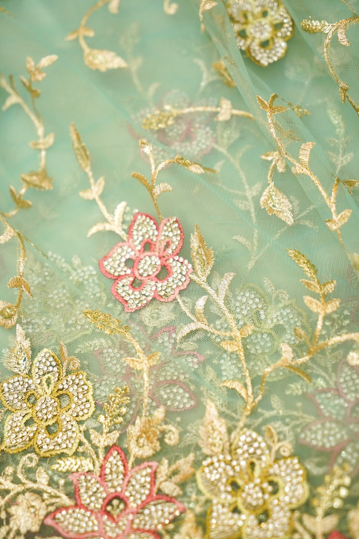Aqua Blue Pearl Floral Embroidered Designer Net Saree