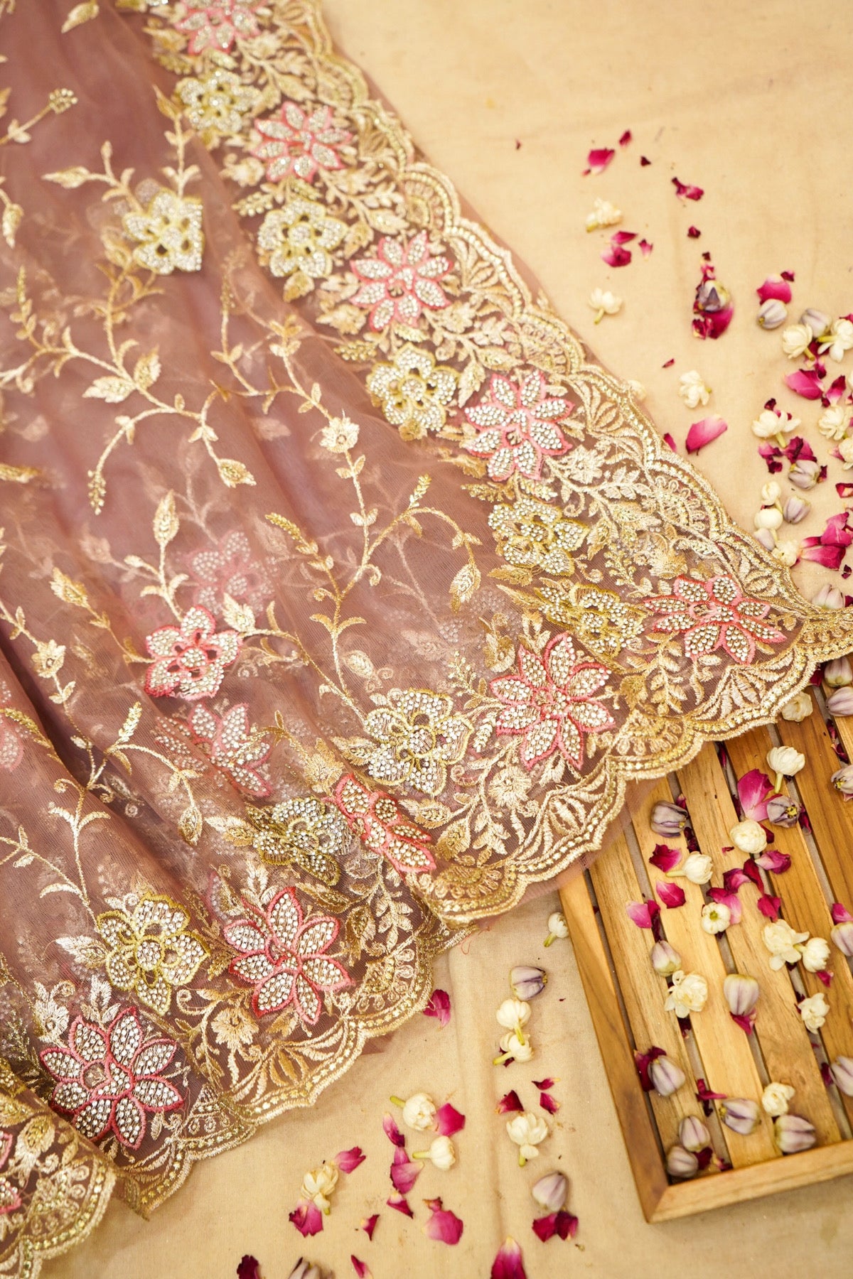 Dusty Mauve Pearl Floral Embroidered Designer Net Saree