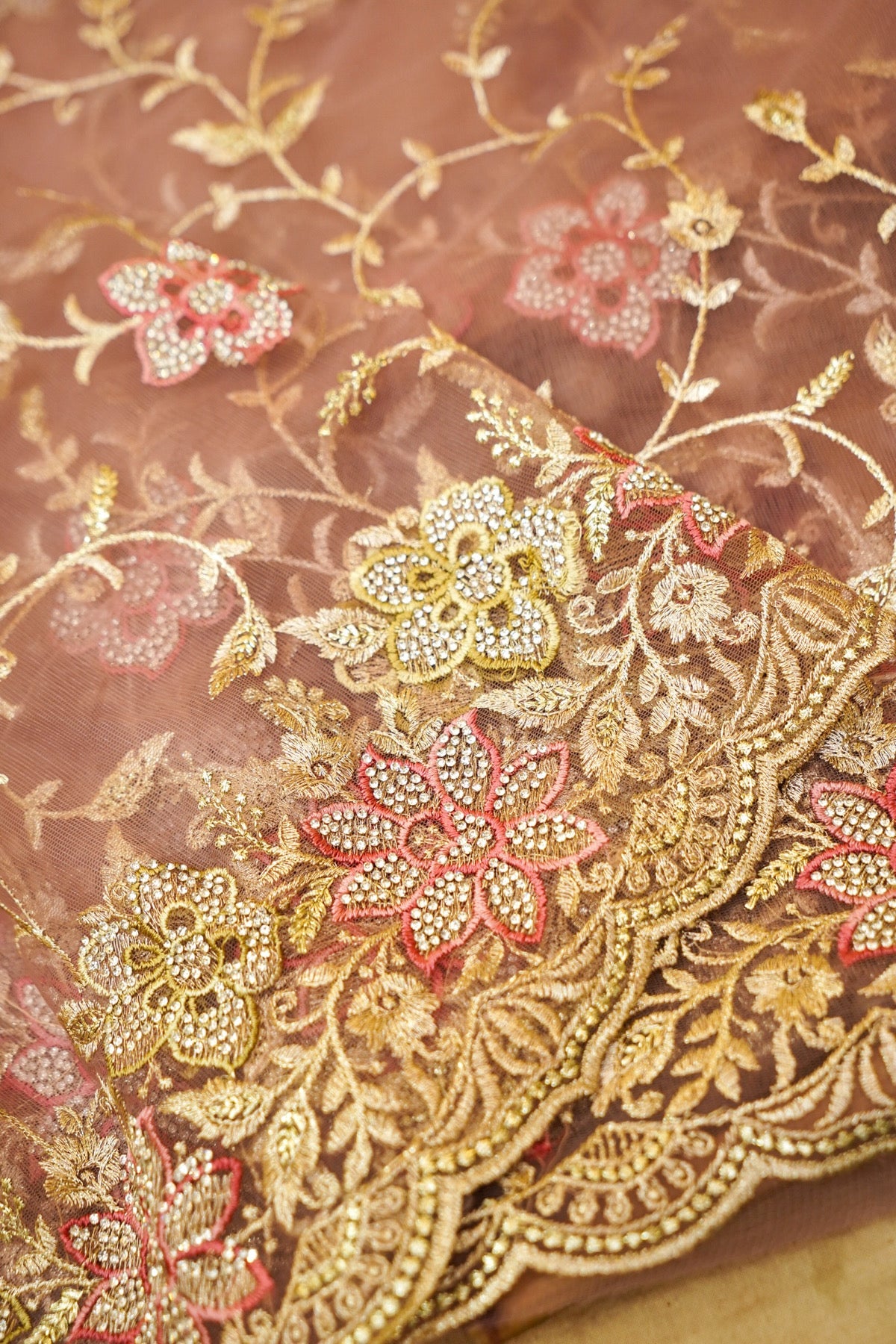 Dusty Mauve Pearl Floral Embroidered Designer Net Saree