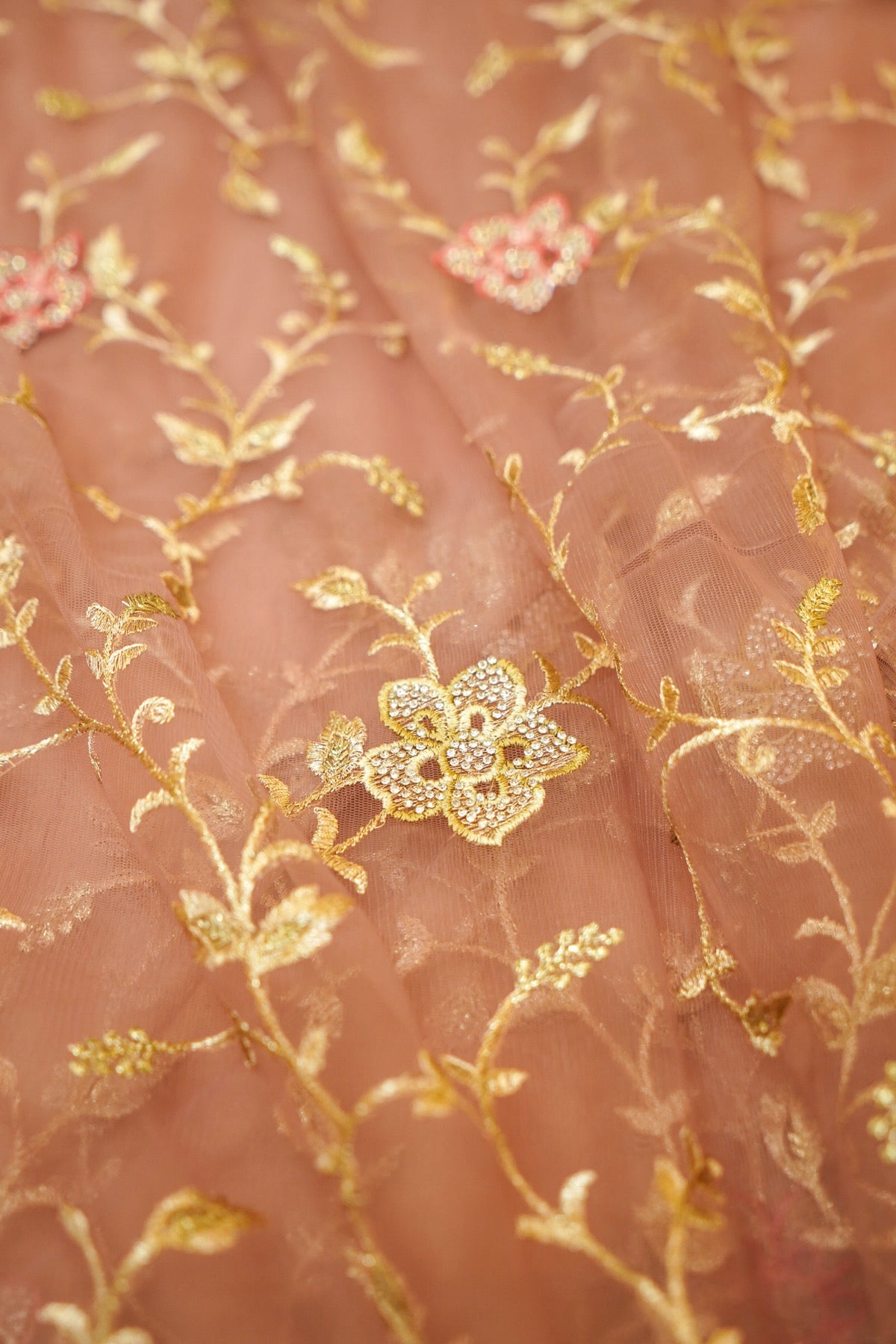 Dusty Mauve Pearl Floral Embroidered Designer Net Saree