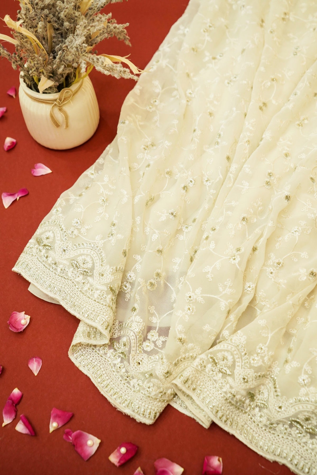 Ivory Floral Embroidered Designer Net Saree with Intricate Border