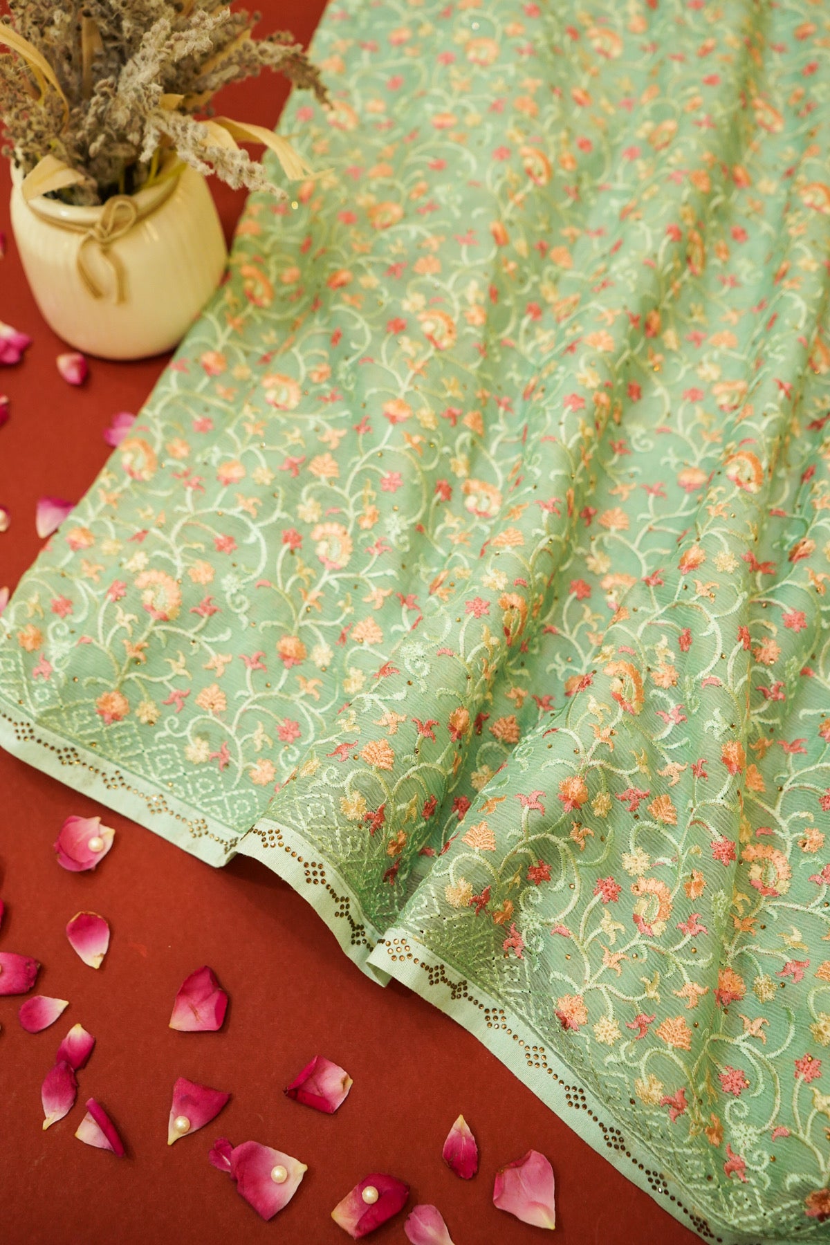 Mint Green Designer Saree with Floral Vine Embroidery