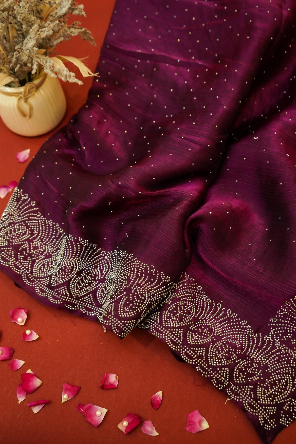 Magenta Stardust Rhinestone Border Designer Silk Saree