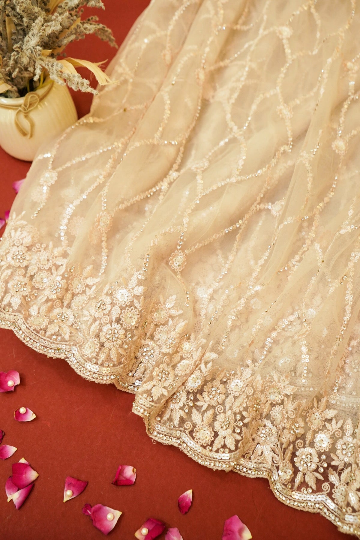 Sequin Embroidery Designer Net Saree - Champagne Beige