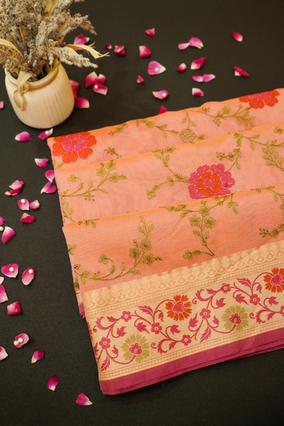Pink Banarasi Cotton Saree with Floral Vine Weaving & Zari Border