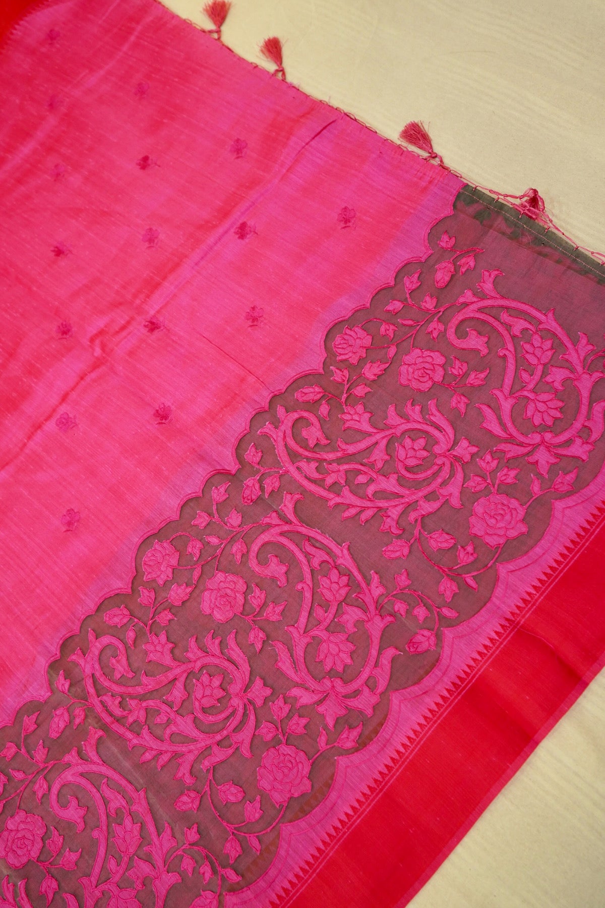 Rani Pink Banarasi Cotton Saree with Floral Cutwork Pallu