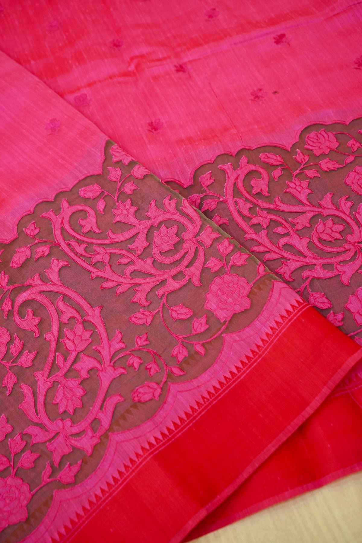 Rani Pink Banarasi Cotton Saree with Floral Cutwork Pallu