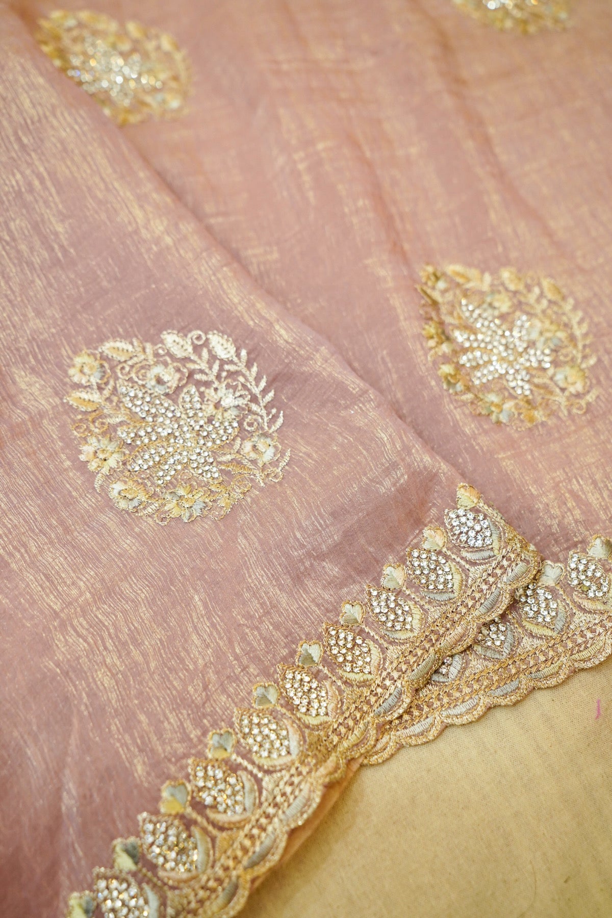 Blush Pink Banarasi Cotton Saree with Floral Embroidery & Scalloped Border