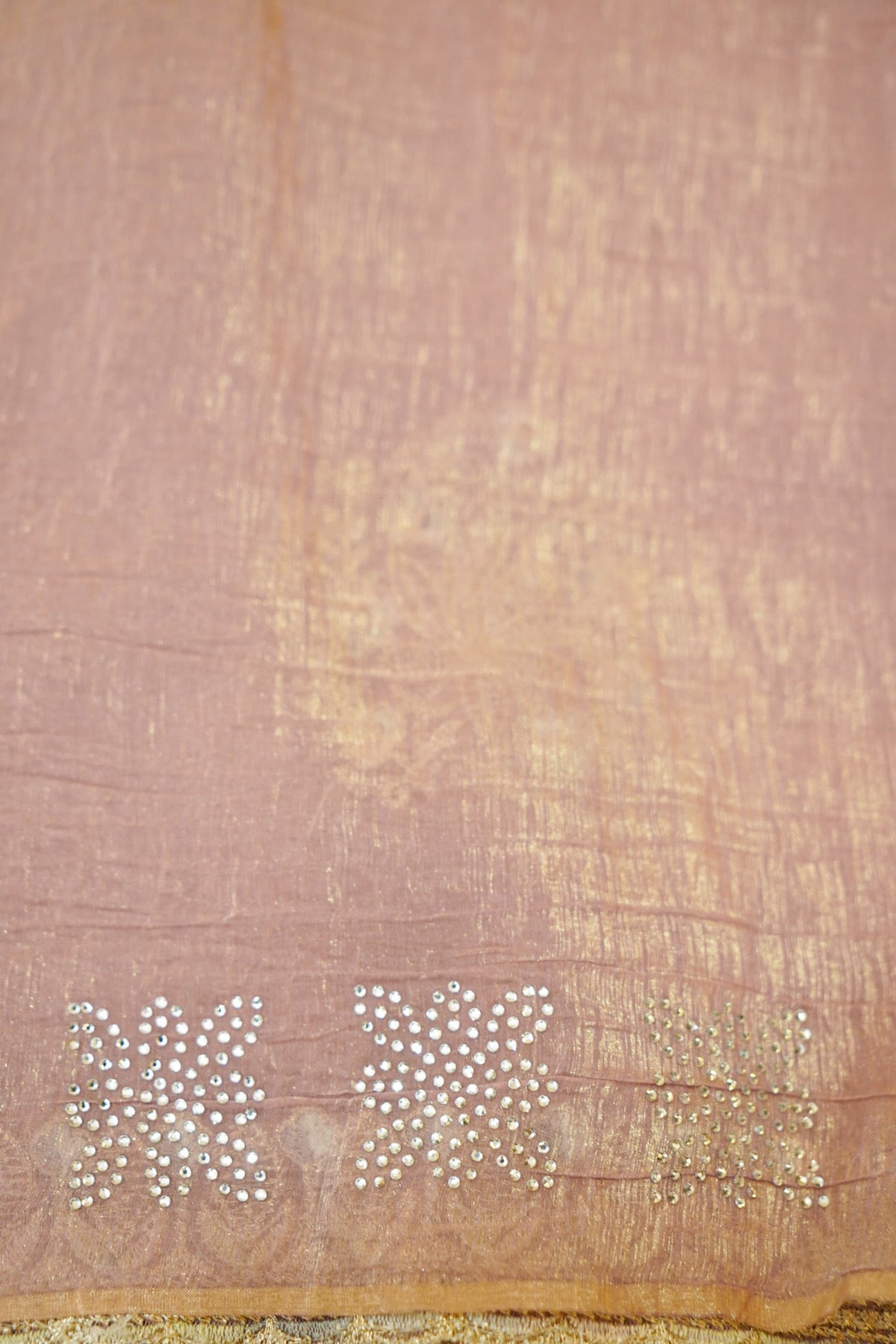 Blush Pink Banarasi Cotton Saree with Floral Embroidery & Scalloped Border