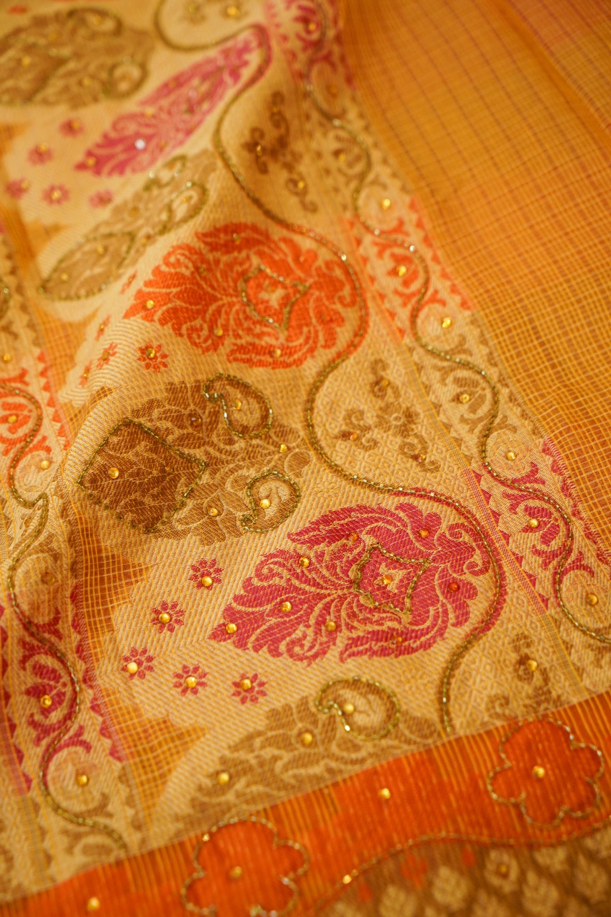 Sunset Orange Banarasi Cotton Saree with Woven Zari Border