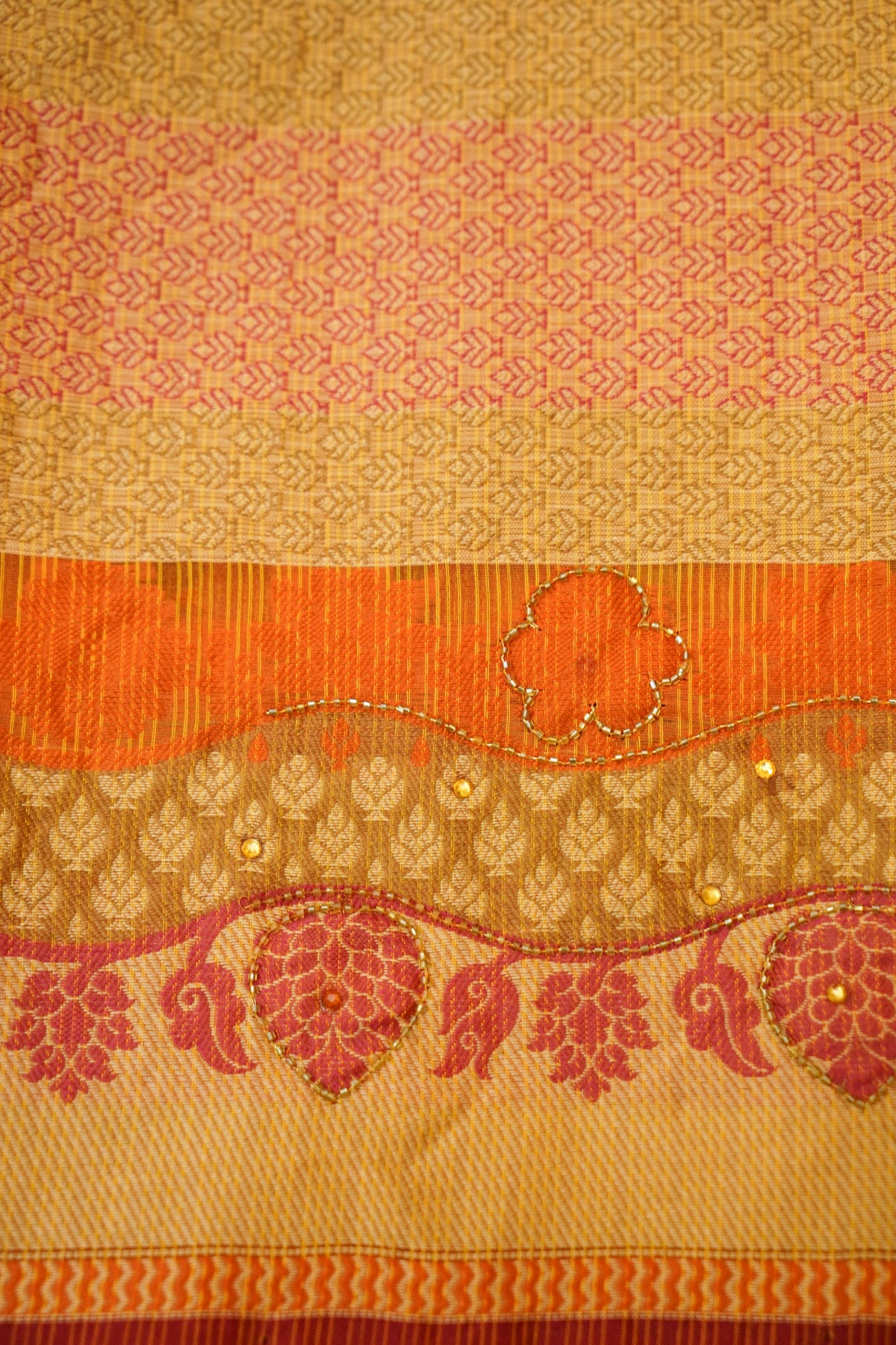 Sunset Orange Banarasi Cotton Saree with Woven Zari Border