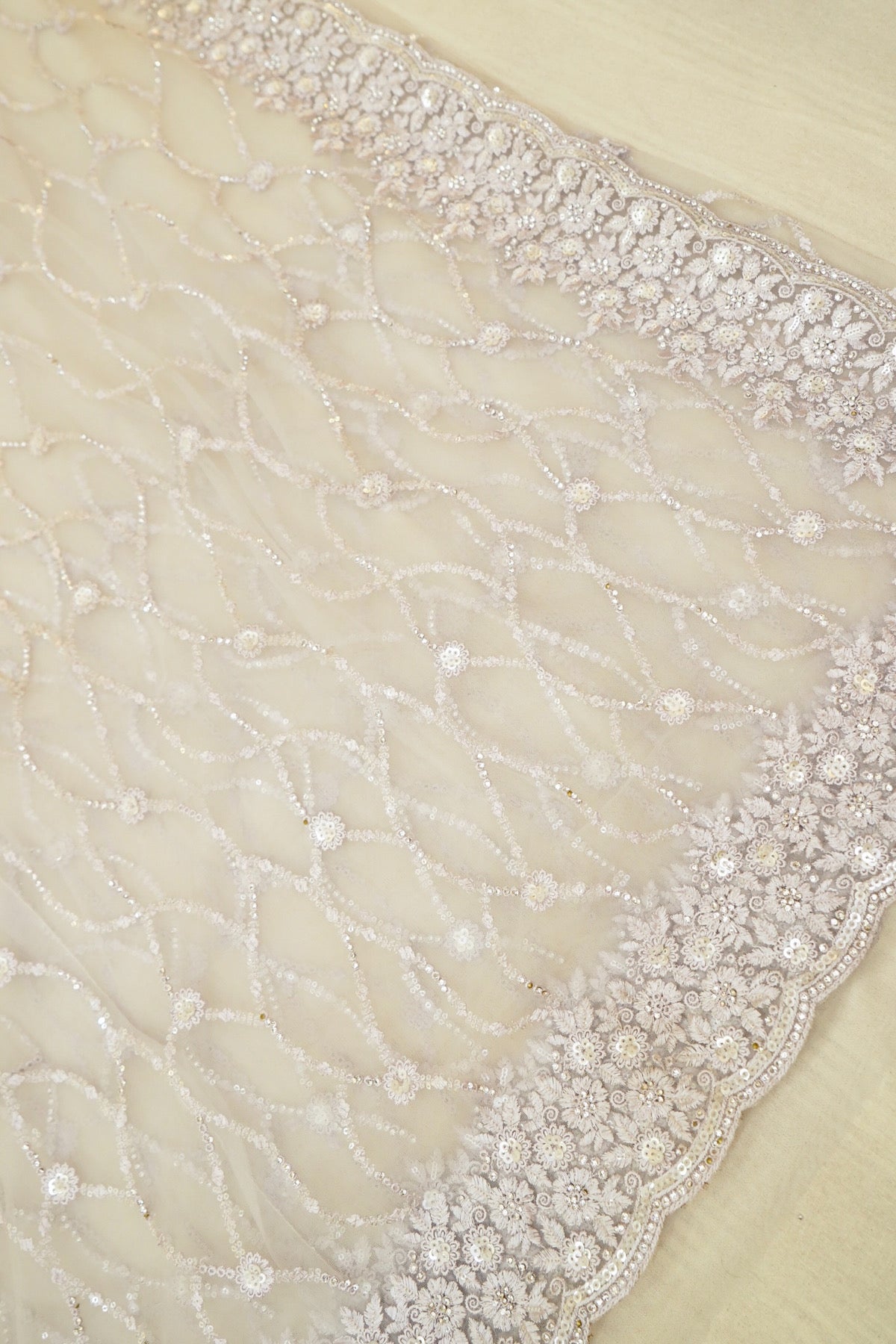 Sequin Embroidery Designer Net Saree - Ivory