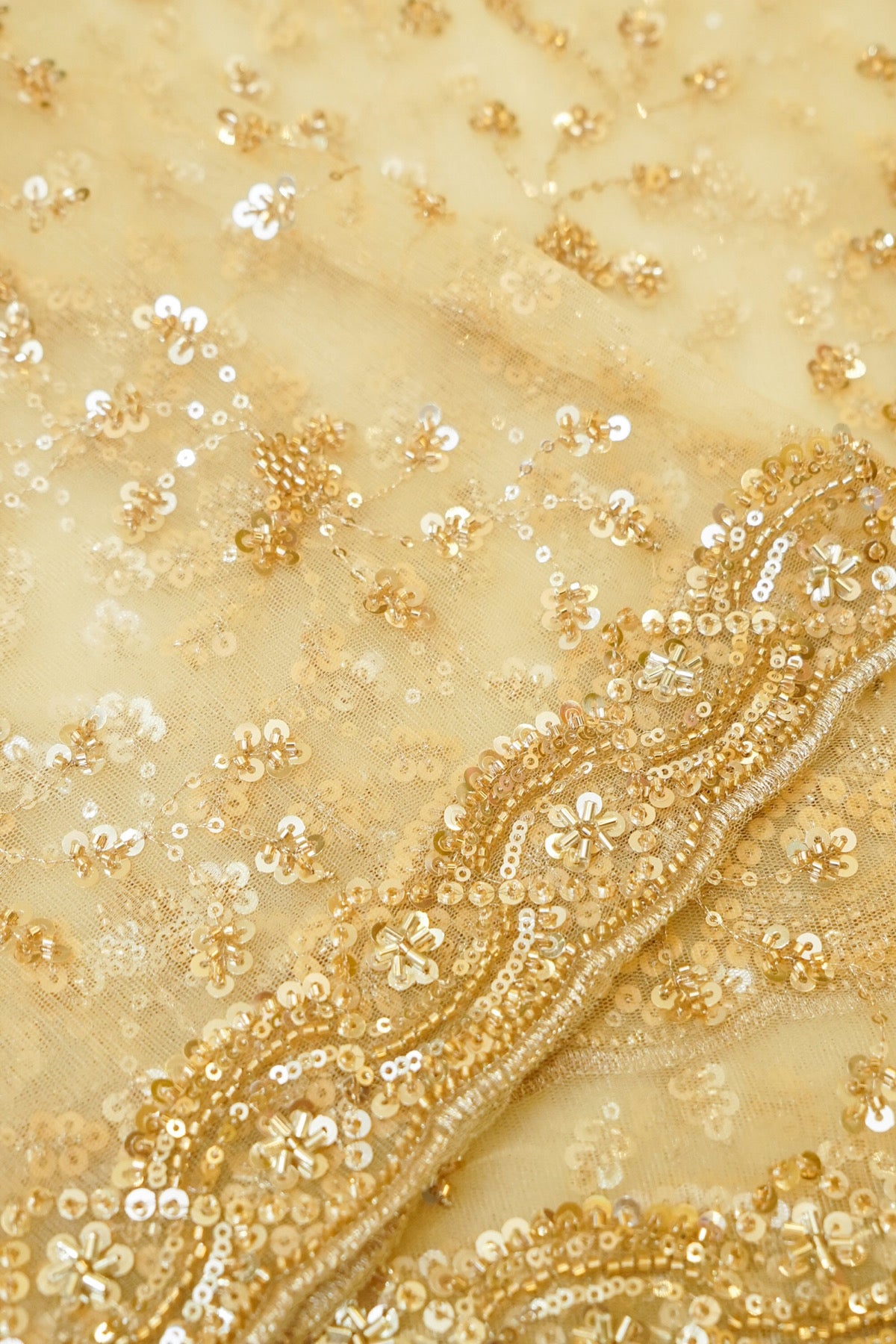 Champagne Gold Sequined Floral Vine Designer Net Saree
