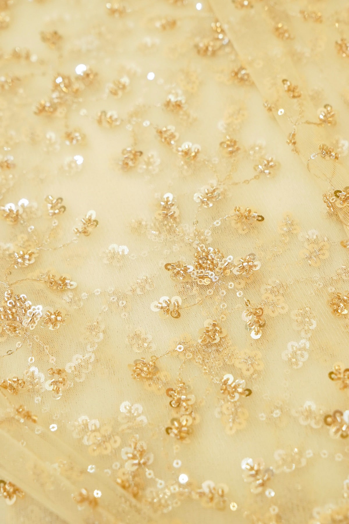 Champagne Gold Sequined Floral Vine Designer Net Saree