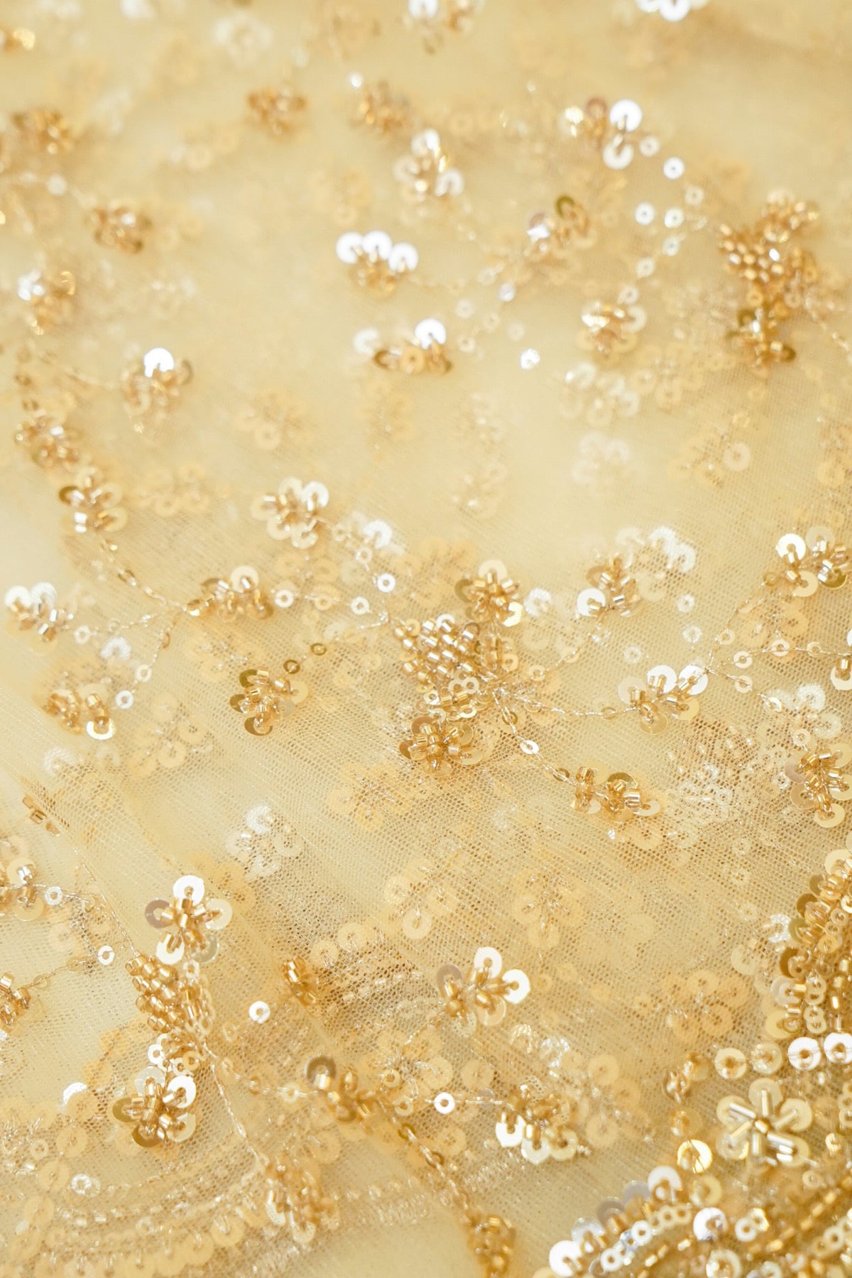 Champagne Gold Sequined Floral Vine Designer Net Saree