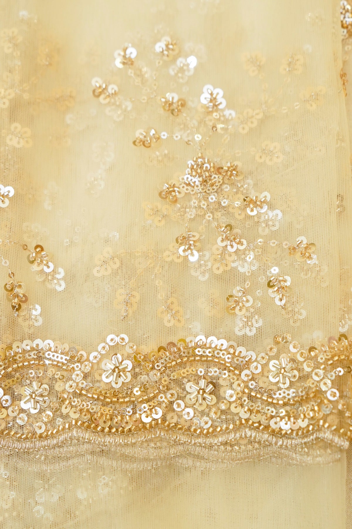 Champagne Gold Sequined Floral Vine Designer Net Saree