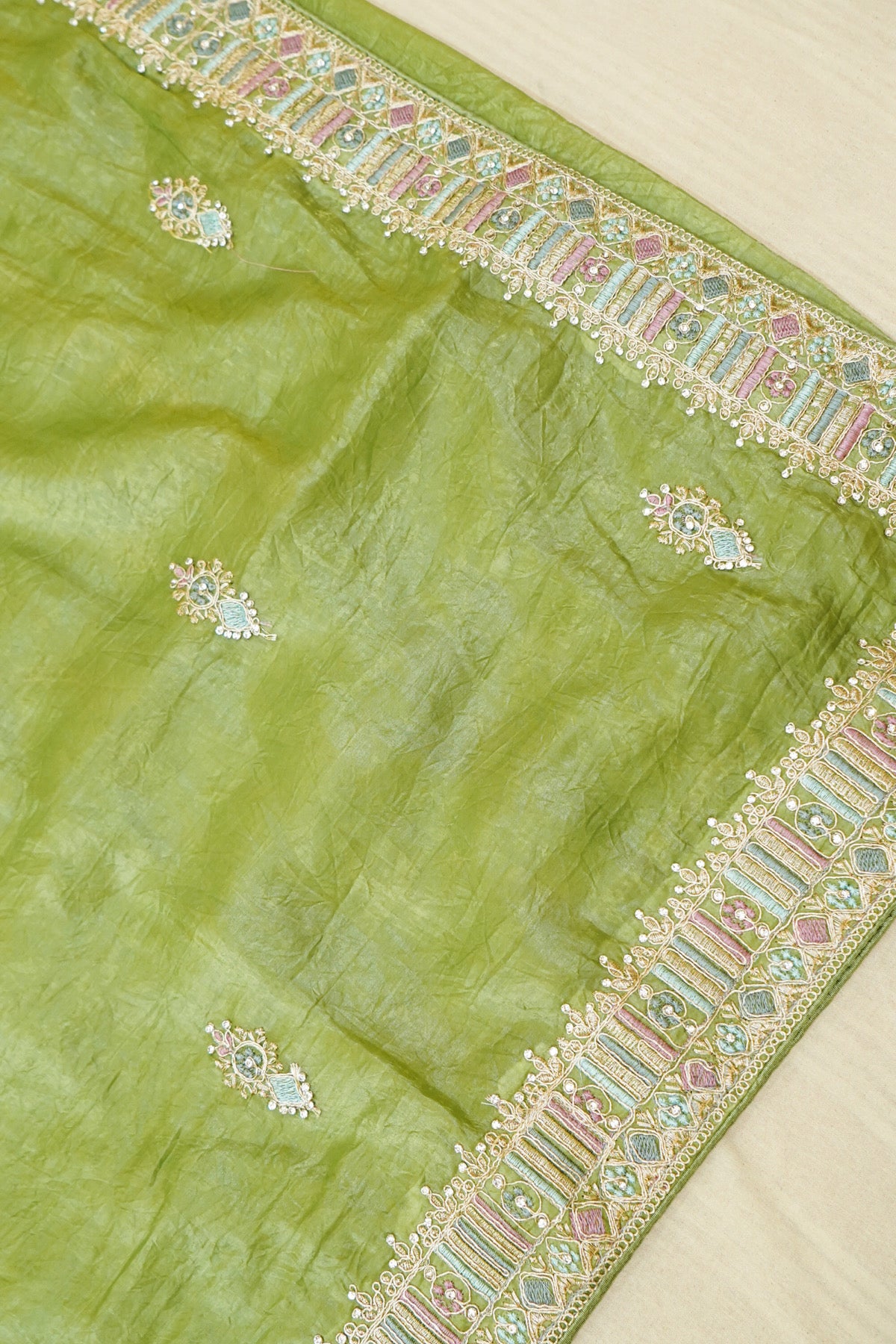 Mosaic Jewel Designer Tissue Saree – Olive Green