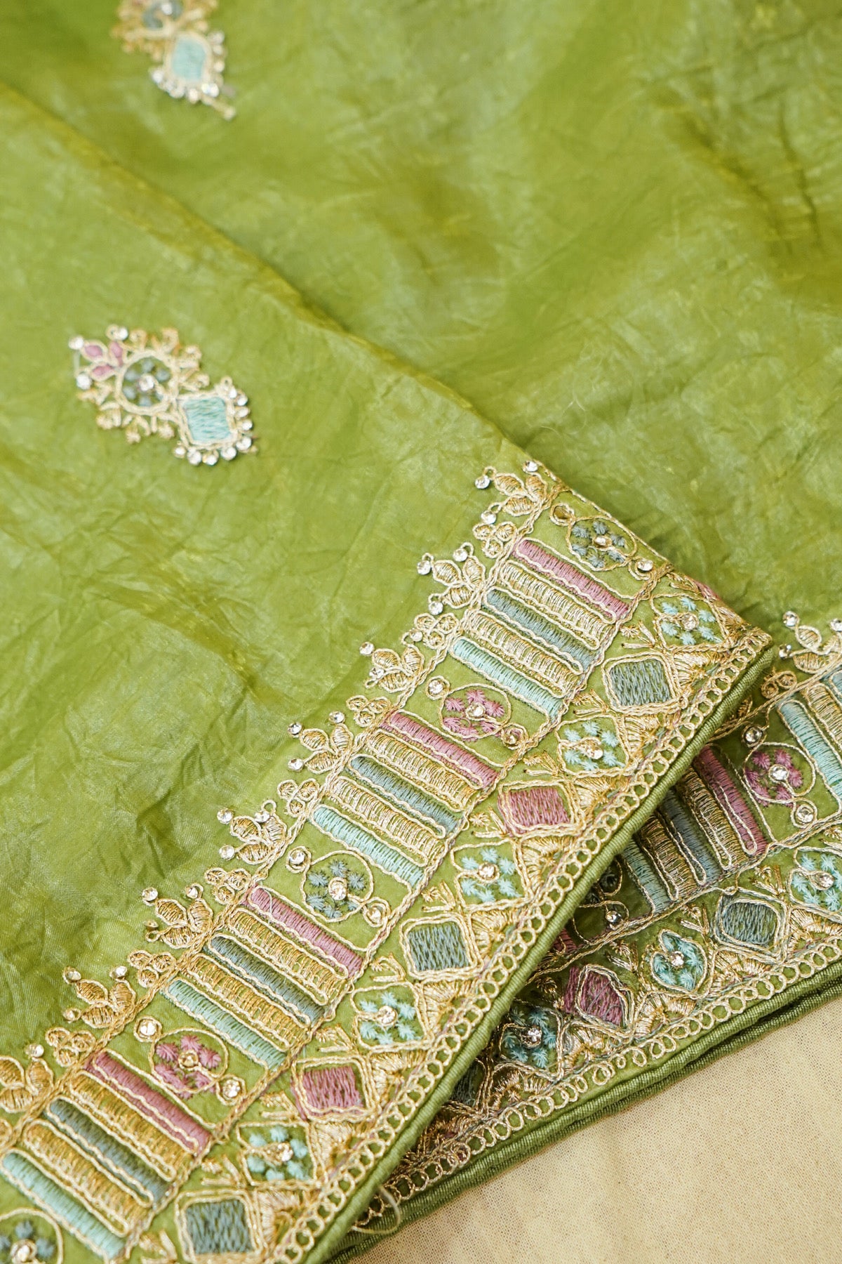 Mosaic Jewel Designer Tissue Saree – Olive Green