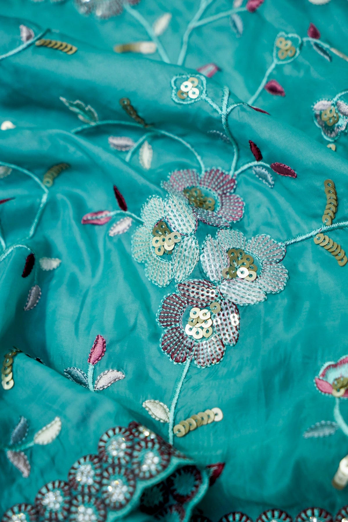 Aqua Blue Embroidered Designer Tissue Saree with Daisy Scalloped Border