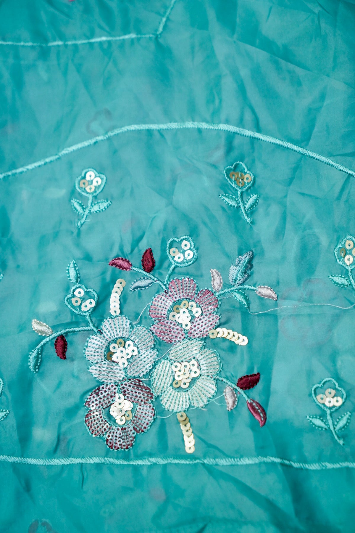 Aqua Blue Embroidered Designer Tissue Saree with Daisy Scalloped Border