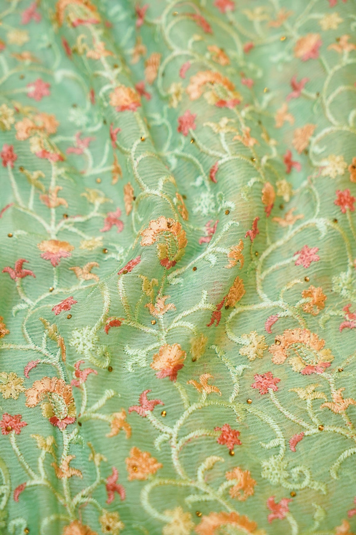Mint Green Designer Saree with Floral Vine Embroidery