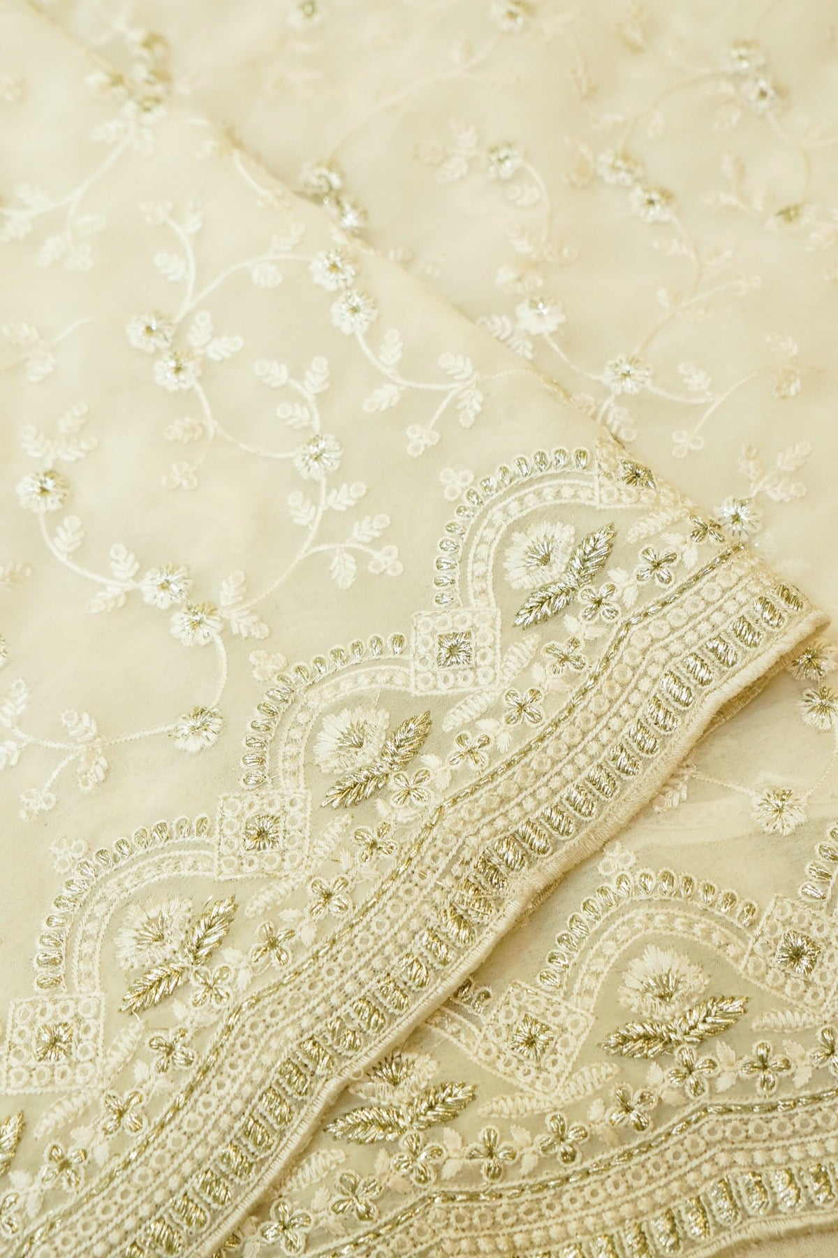 Ivory Floral Embroidered Designer Net Saree with Intricate Border