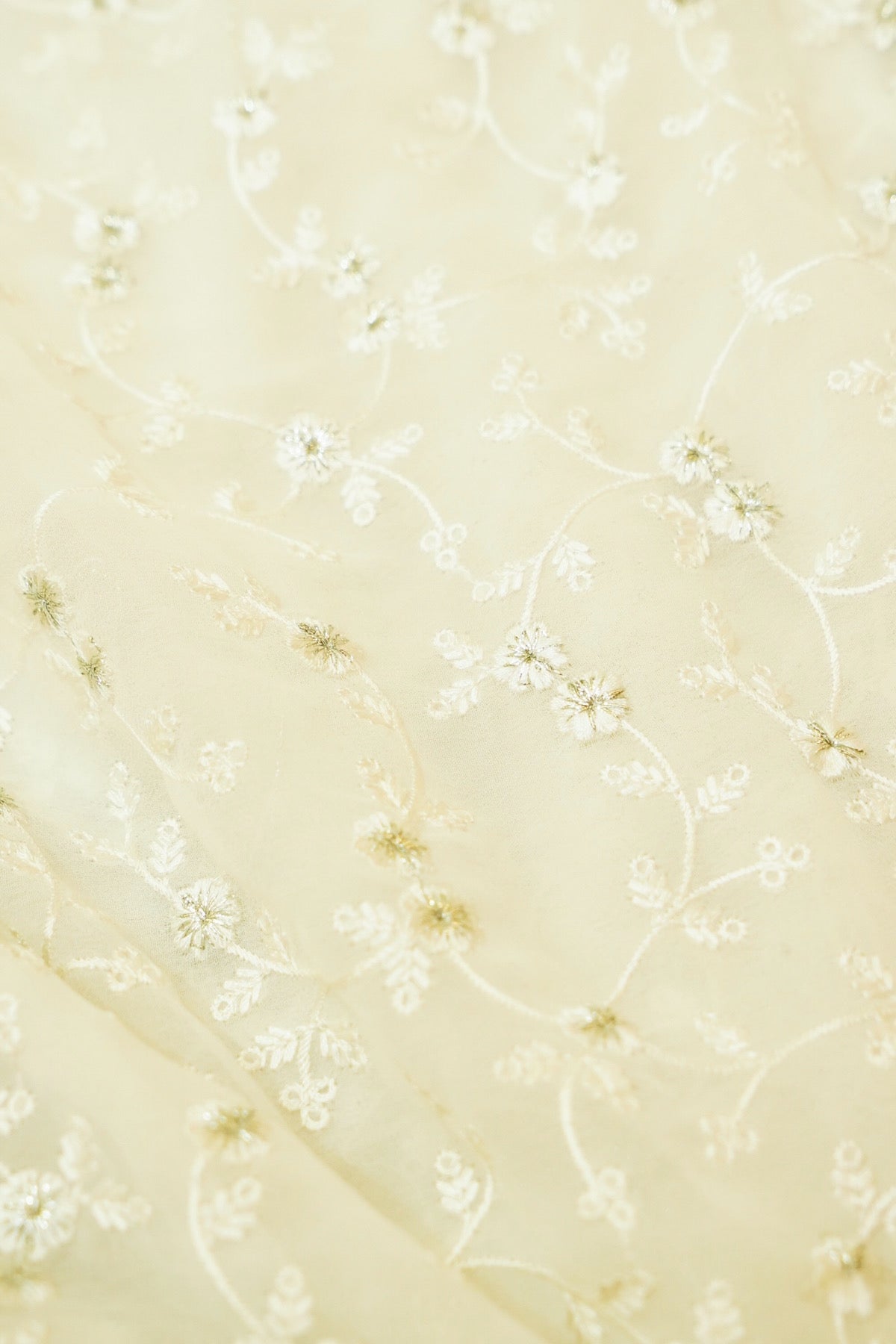 Ivory Floral Embroidered Designer Net Saree with Intricate Border