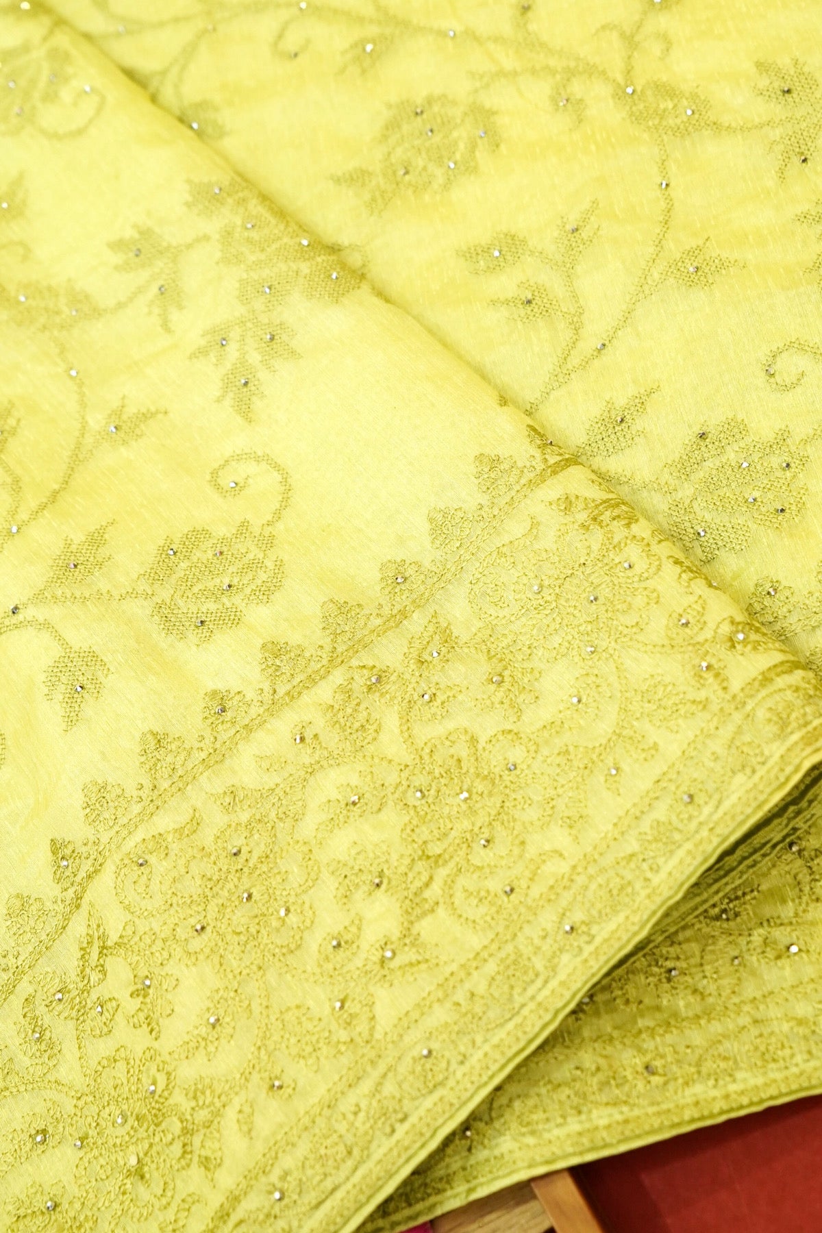 Lime Green Designer Cotton Saree with Embroidered and Stone Border