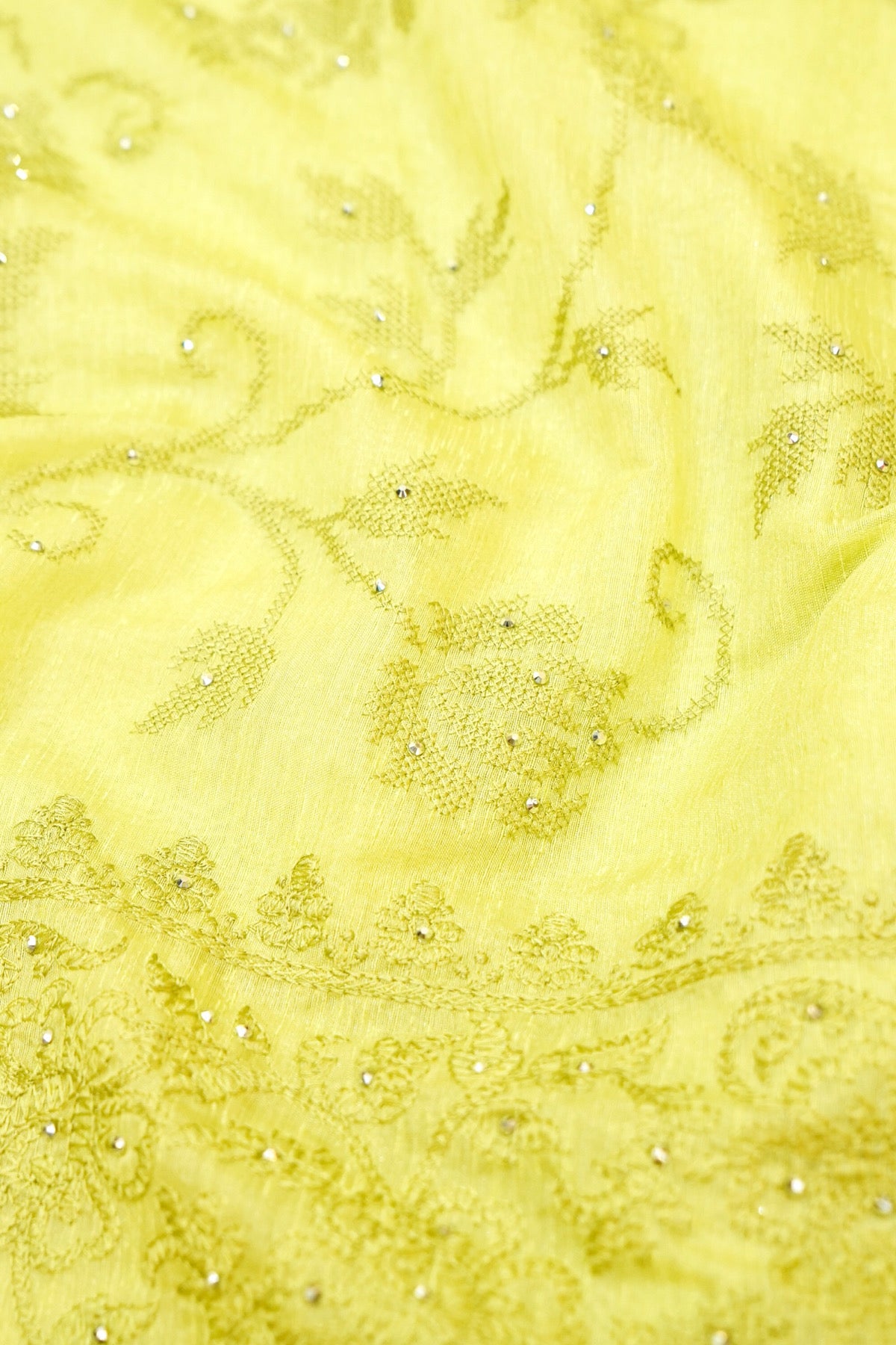 Lime Green Designer Cotton Saree with Embroidered and Stone Border