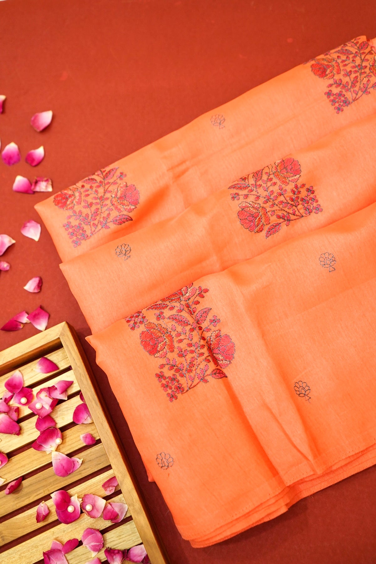 Peach-Orange Banarasi Cotton Saree with Floral Embroidery