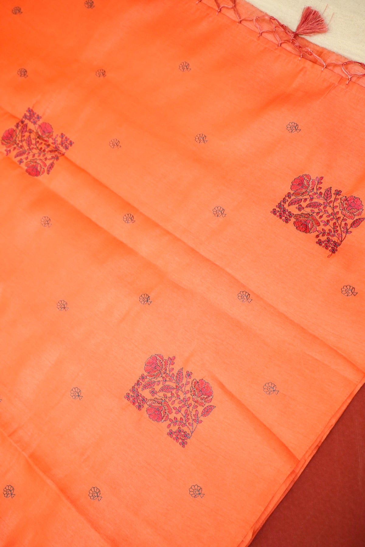 Peach-Orange Banarasi Cotton Saree with Floral Embroidery