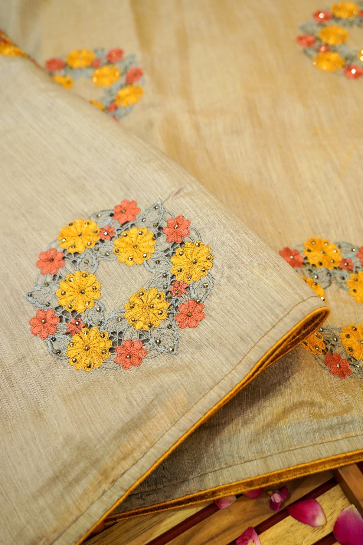 Stone Grey Banarasi Cotton Saree with Multicolor Floral Embroidery