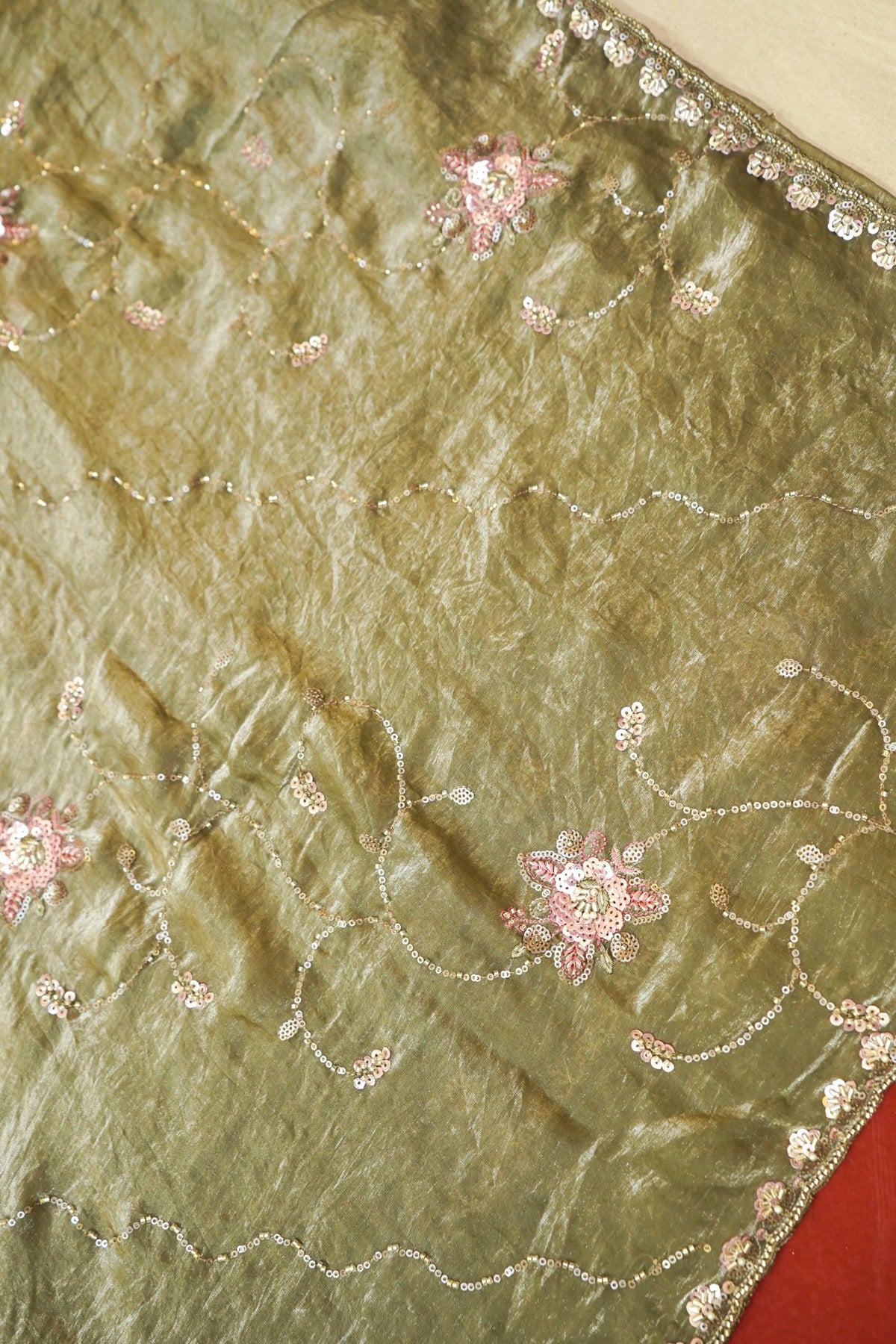 Olive Sage Blossom Trail Sequin Work Designer Saree