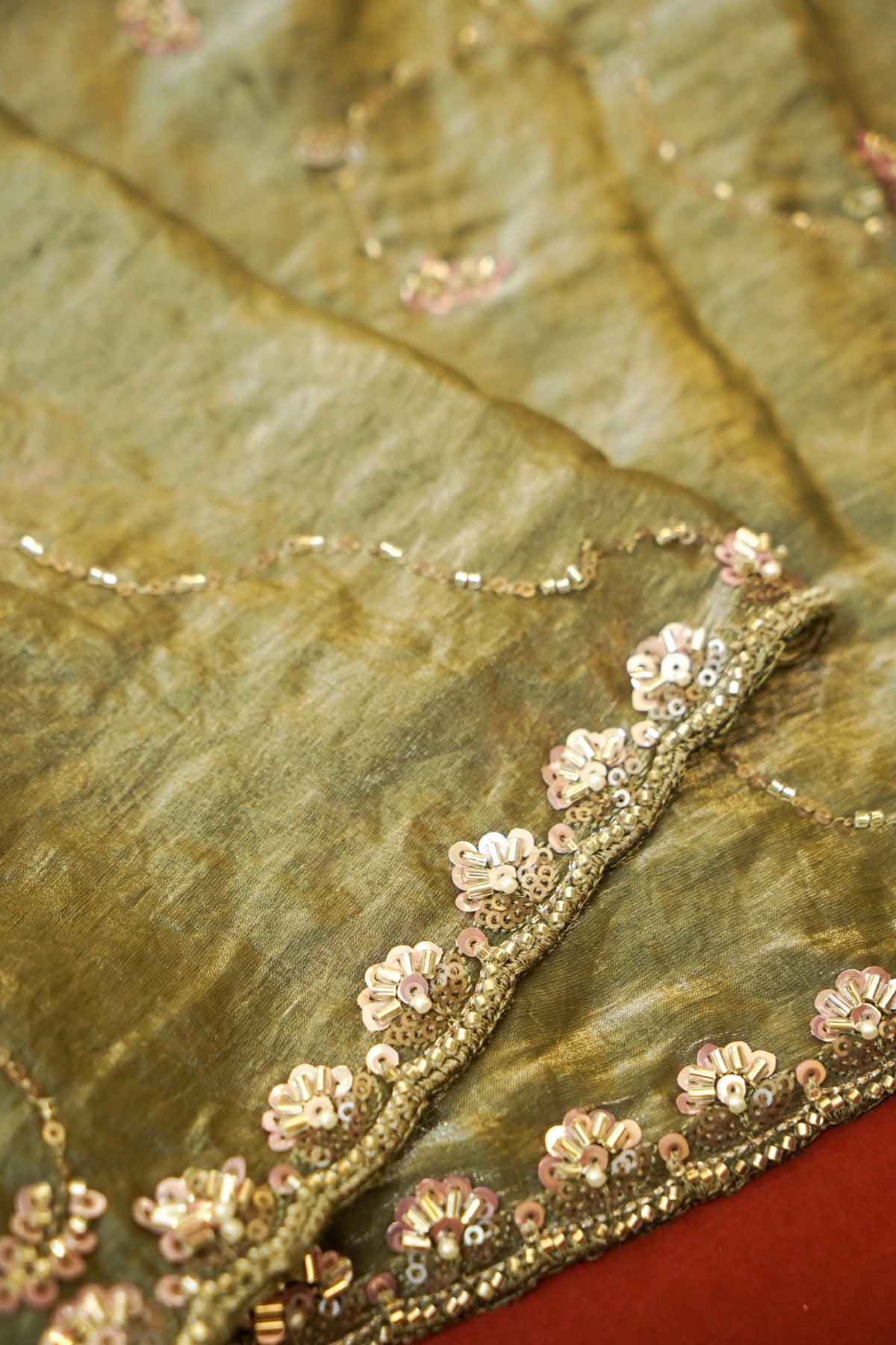 Olive Sage Blossom Trail Sequin Work Designer Saree