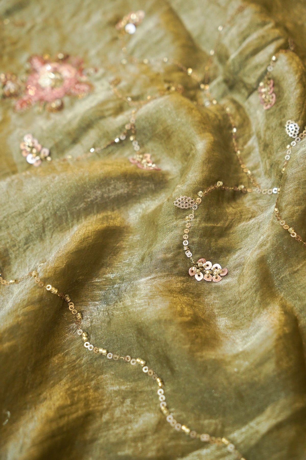 Olive Sage Blossom Trail Sequin Work Designer Saree