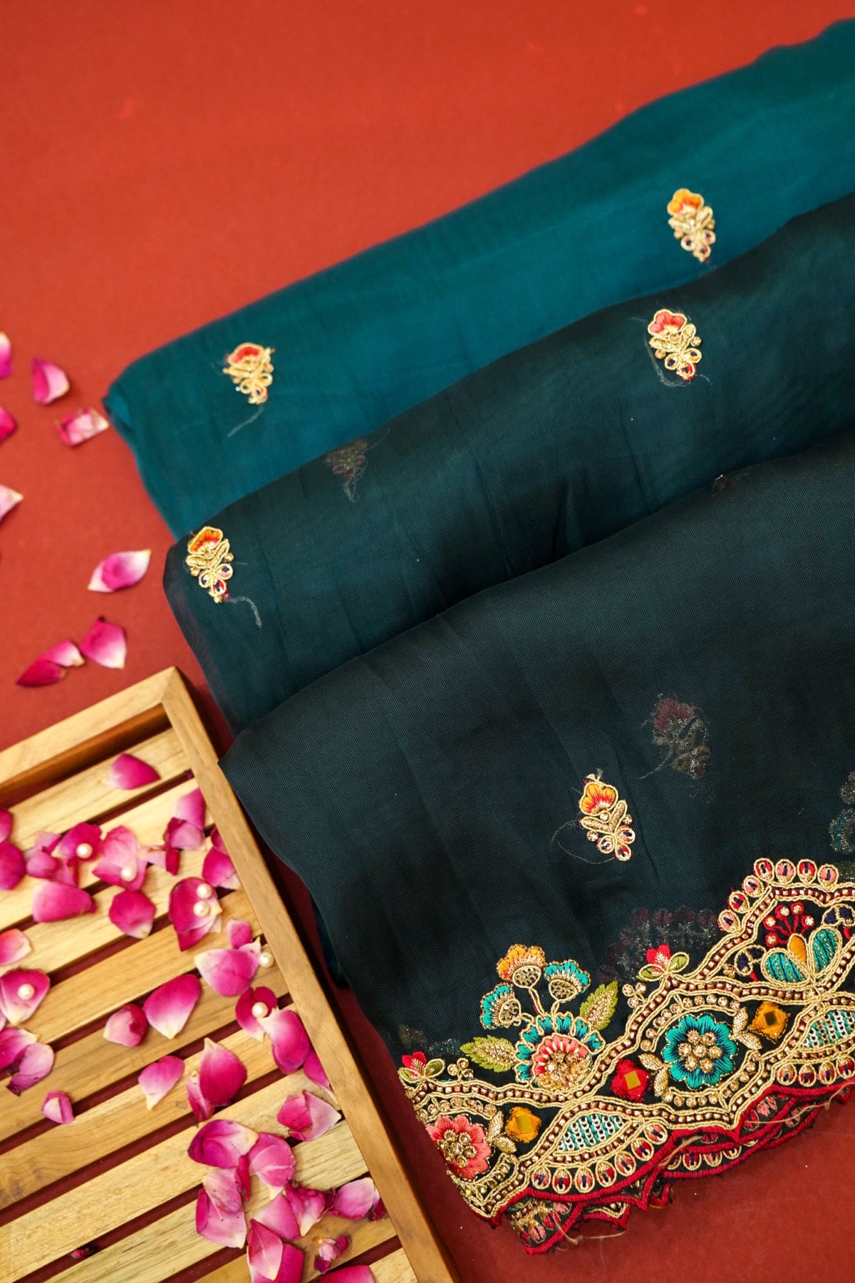 Deep Teal Bloom Embroidered Designer Saree