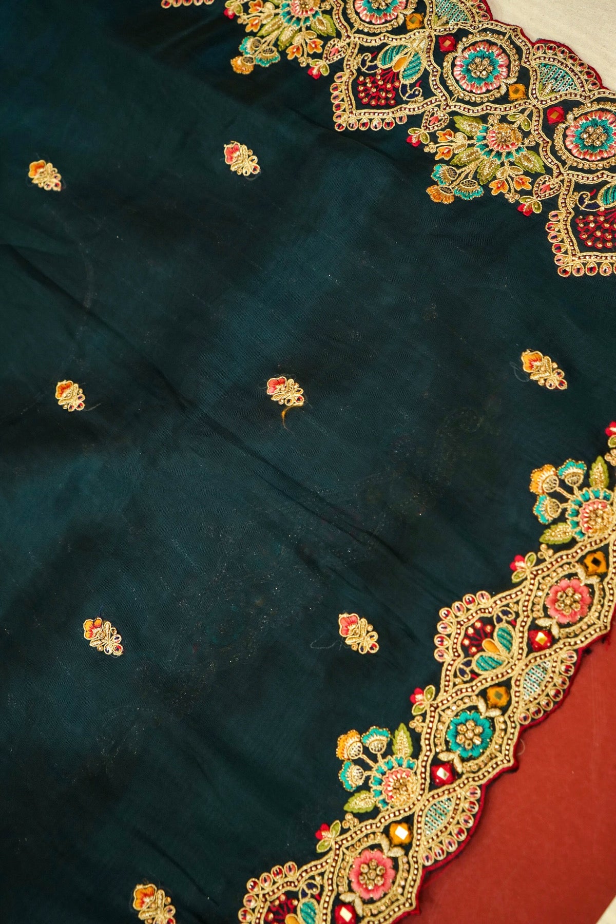 Deep Teal Bloom Embroidered Designer Saree