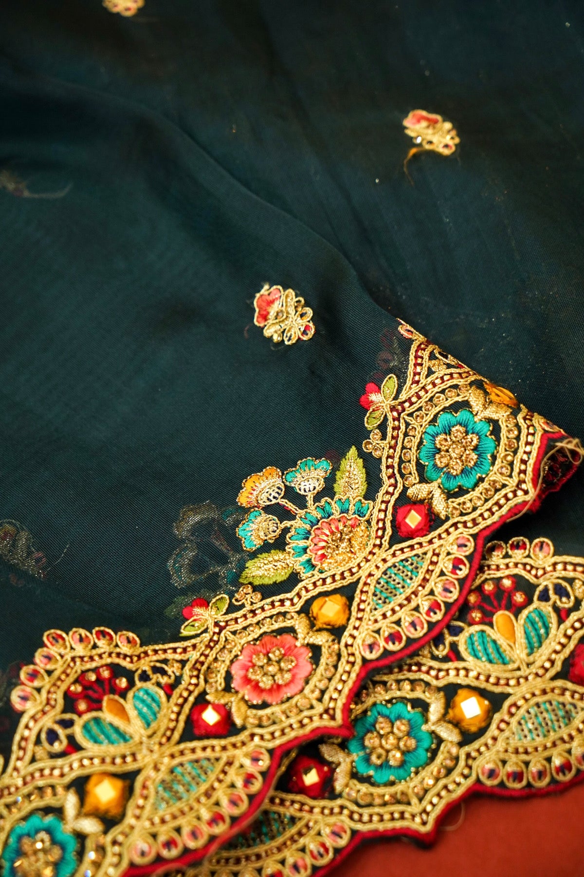 Deep Teal Bloom Embroidered Designer Saree