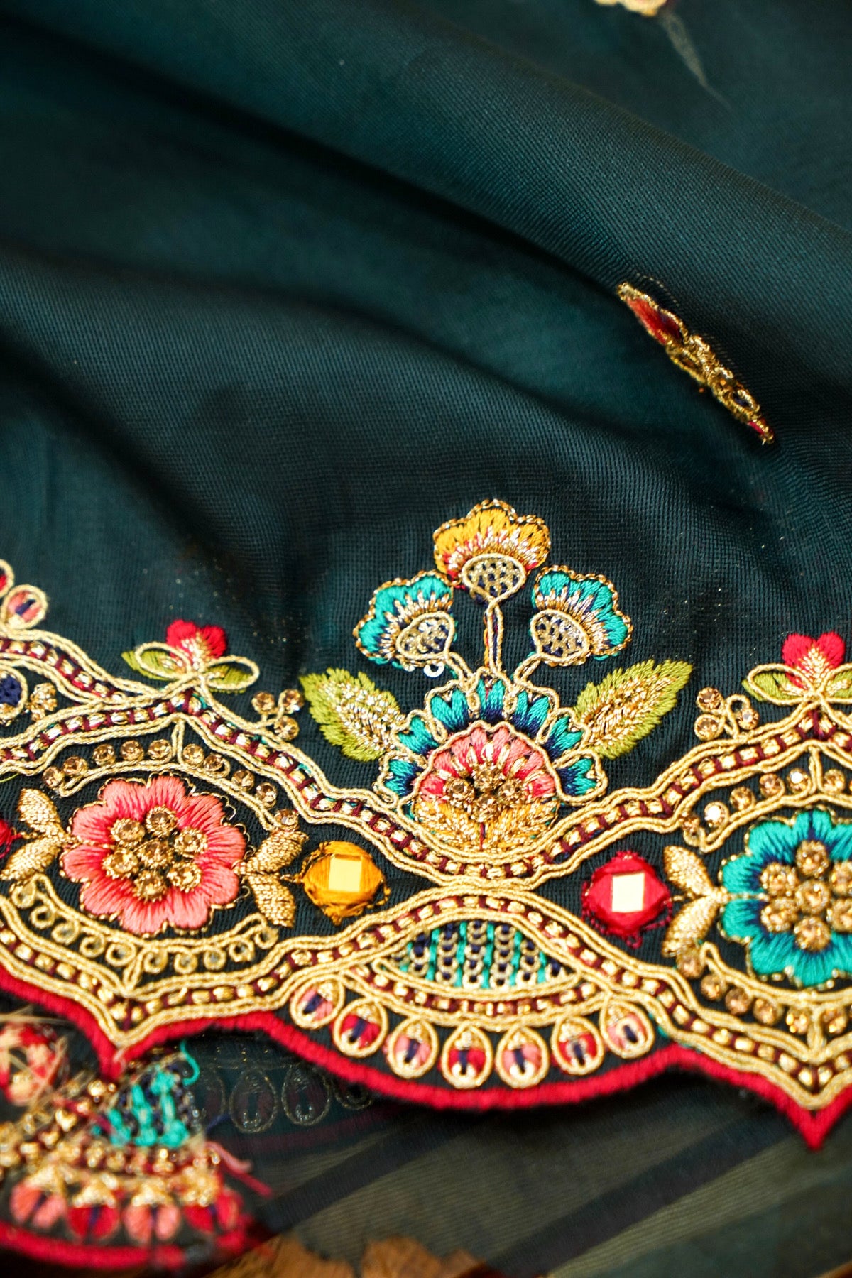 Deep Teal Bloom Embroidered Designer Saree