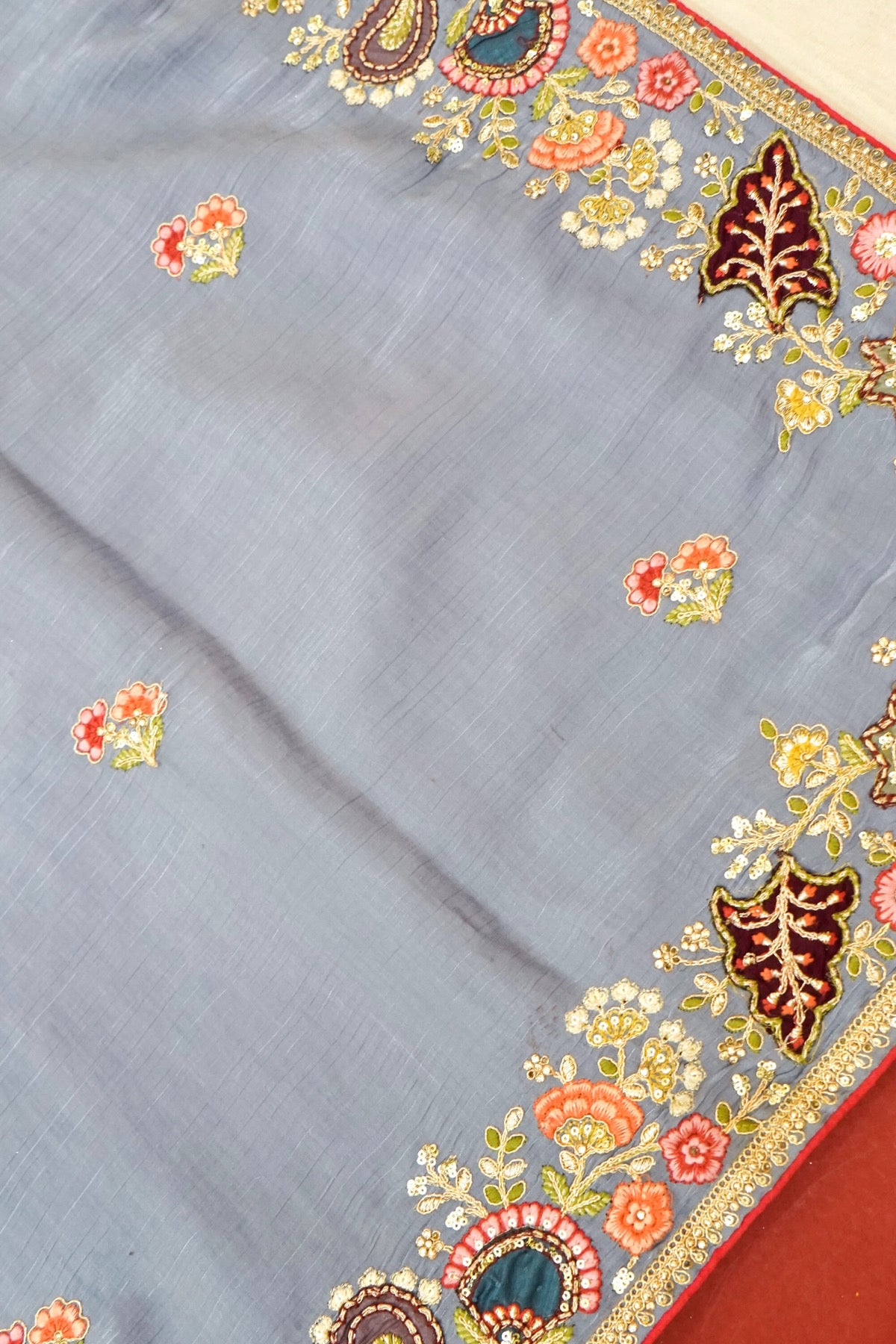Slate Blue Bloom Embroidered Designer Saree