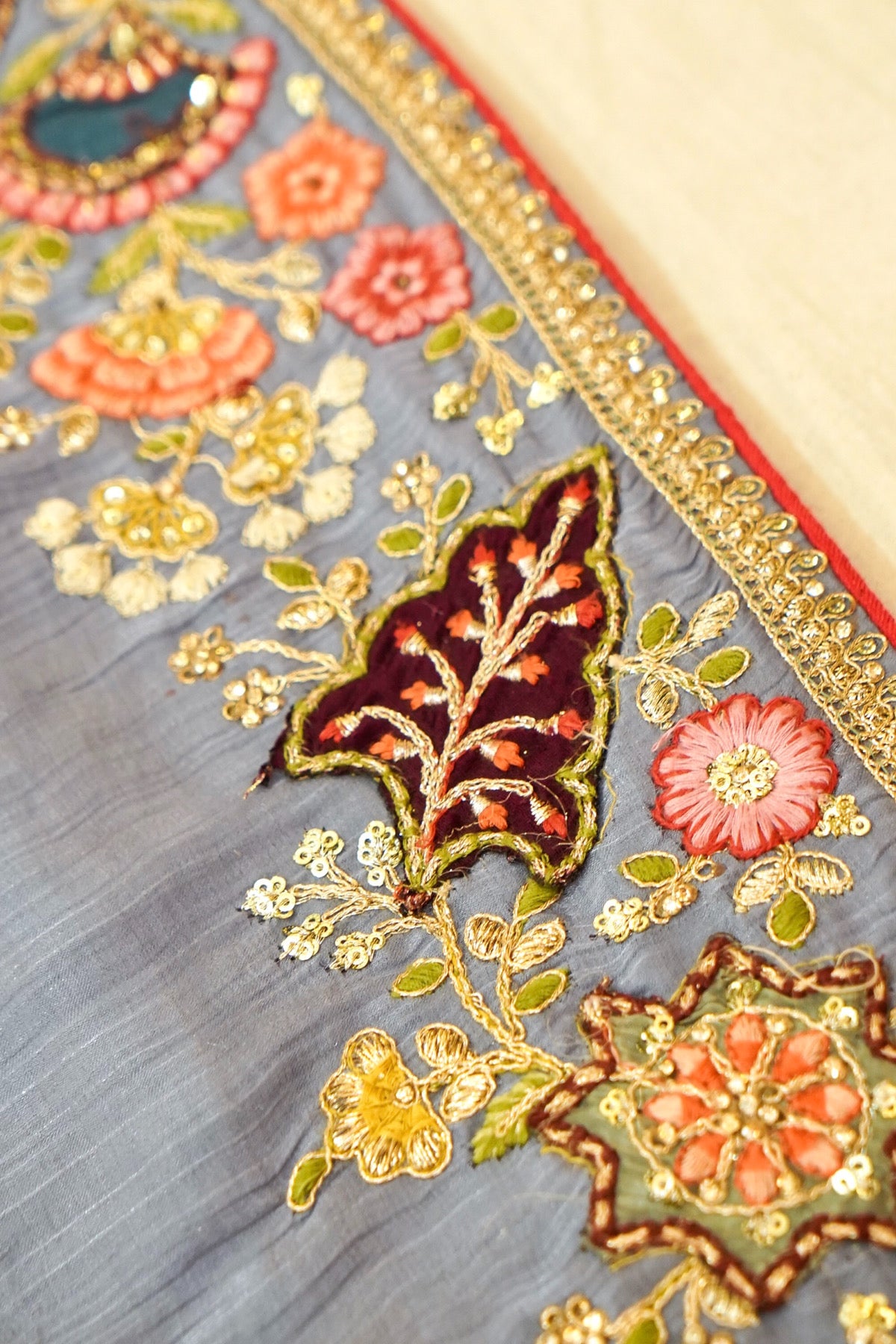 Slate Blue Bloom Embroidered Designer Saree