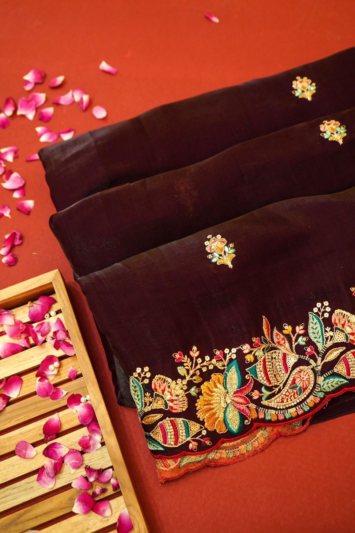 Dark Brown Bloom Embroidered Designer Saree